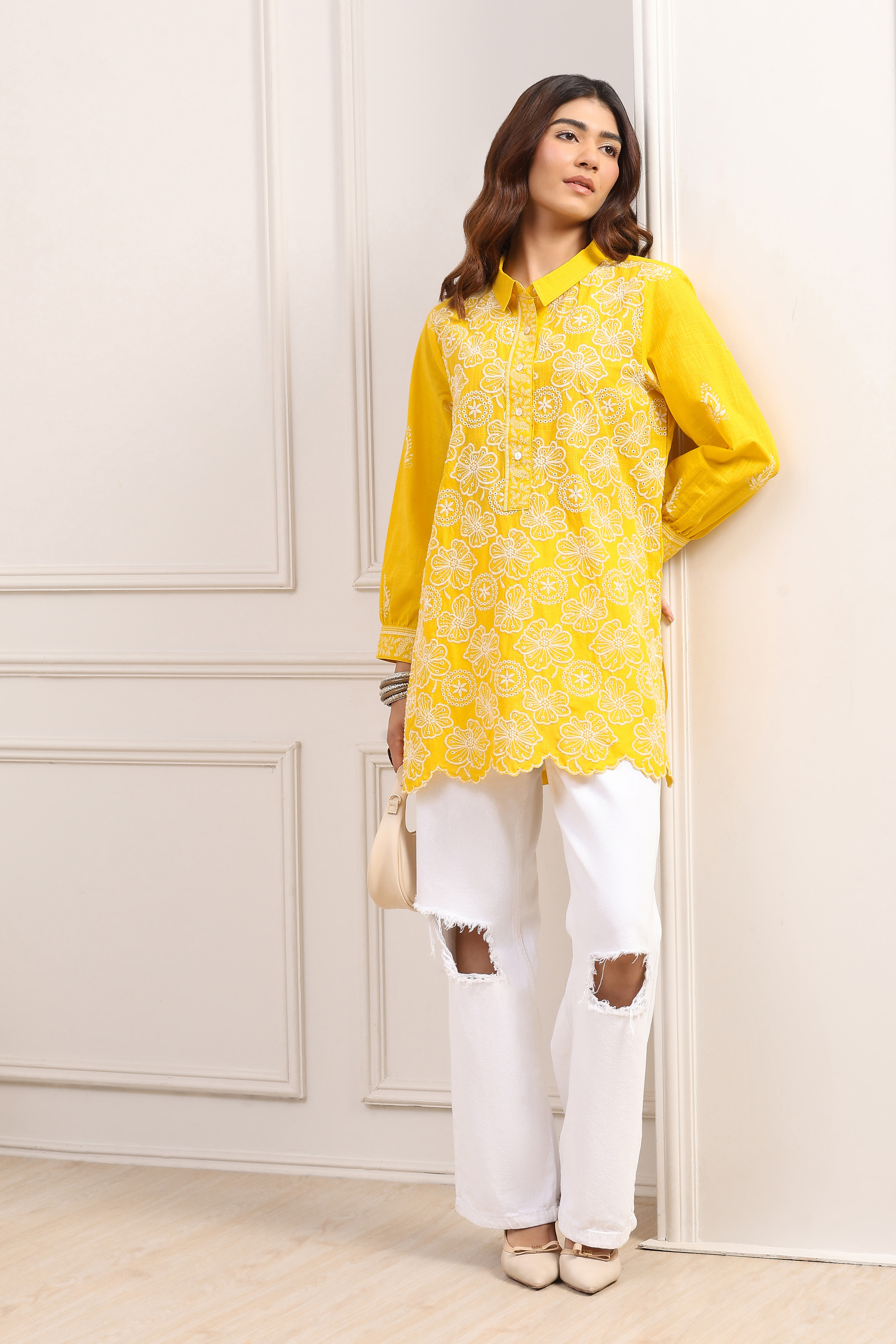 Yellow Cotton A-Line Short Kurti image number 0