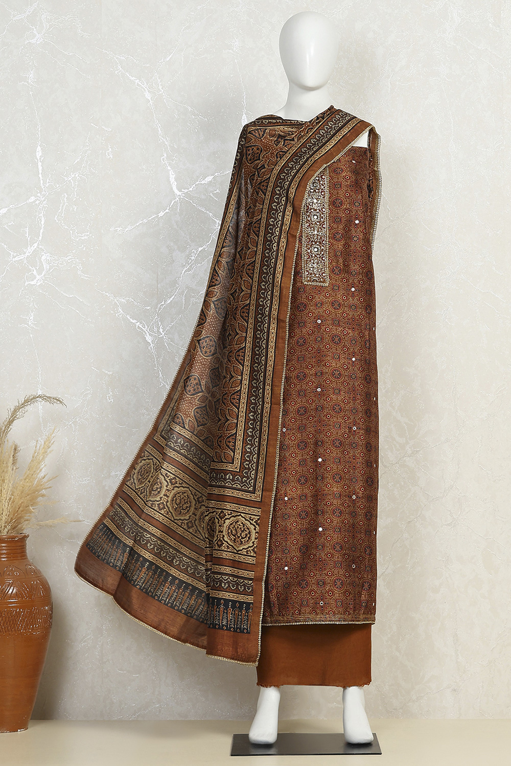 Wine Silk Blend Hand Embroidered Unstitched Suit Set image number 4
