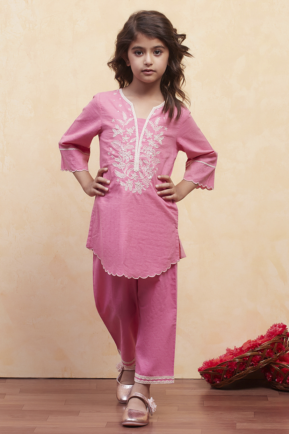 Pink Cotton Kurta Pants Set image number 6