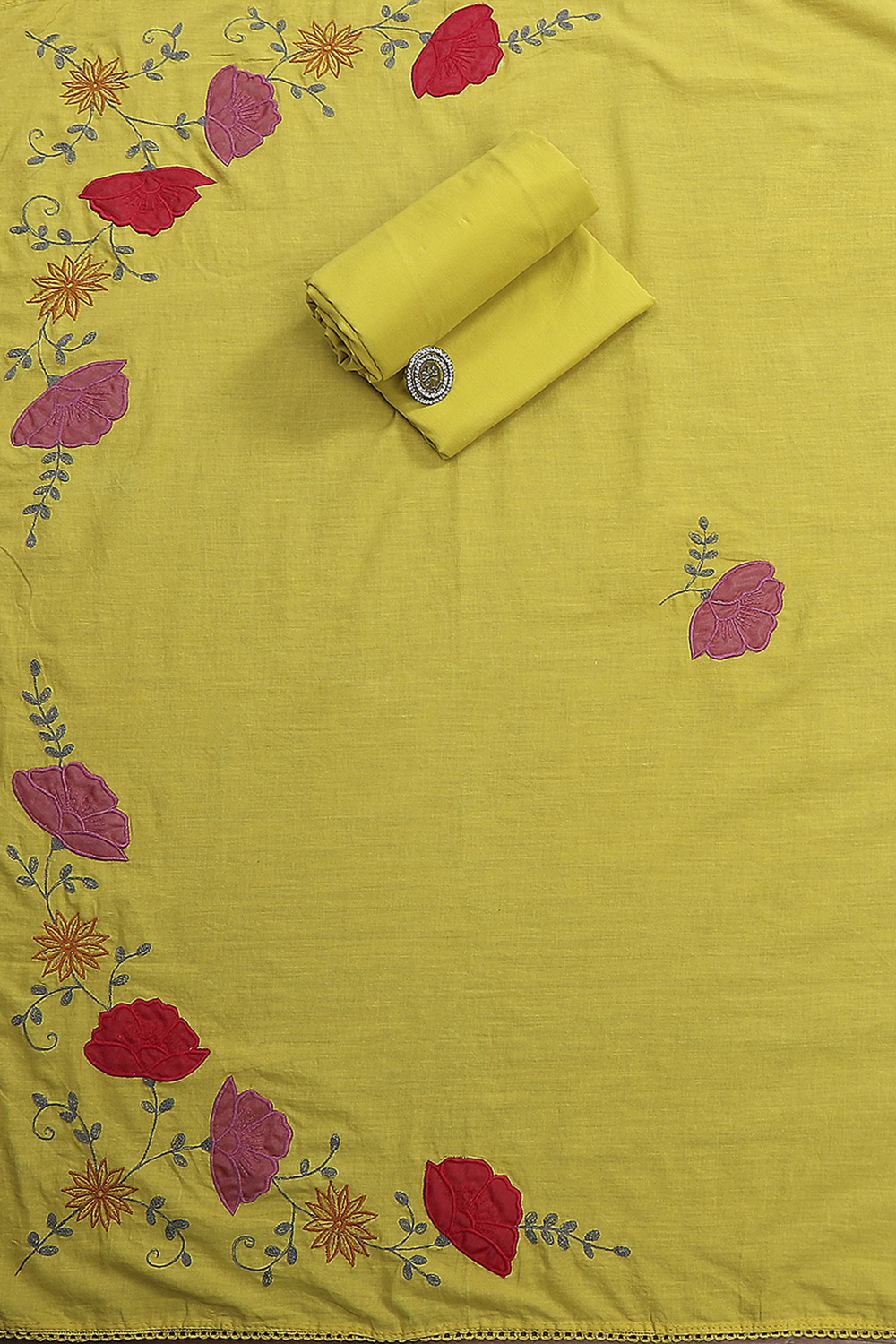 Yellow Cotton Applique Unstitched Suit Set image number 3