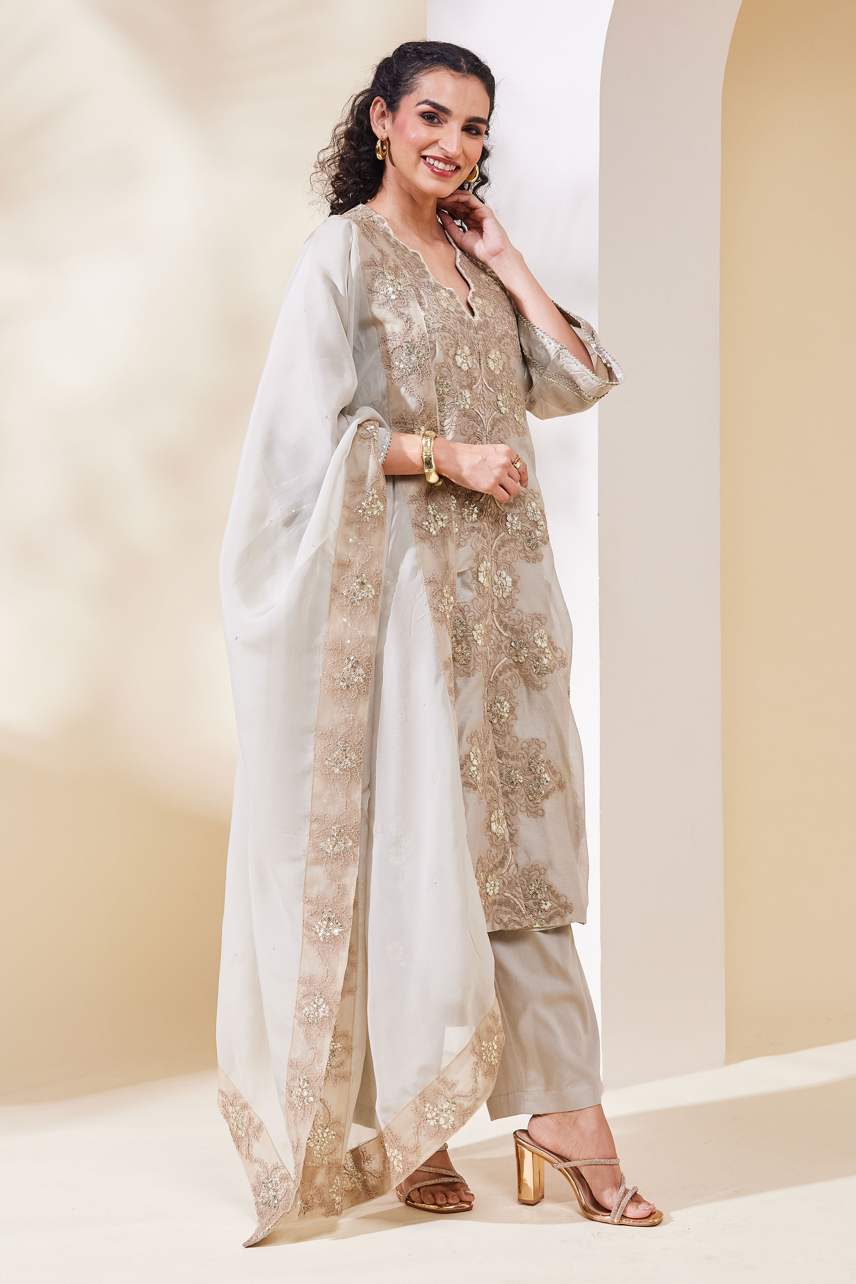 Beige Cotton Blend Straight Embroidered Suit Set image number 5