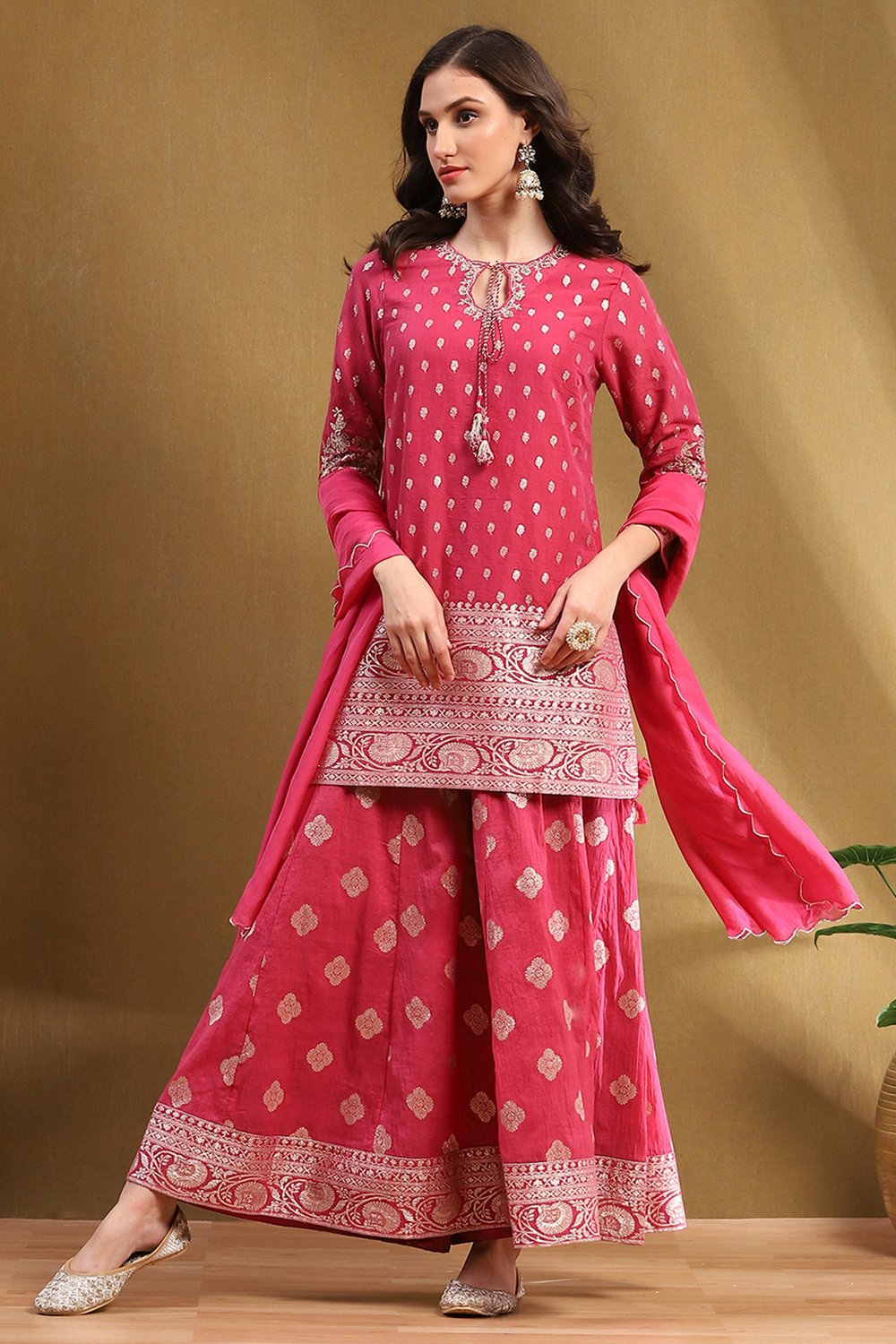 Pink Yarn Dyed Straight Suit Set image number 0