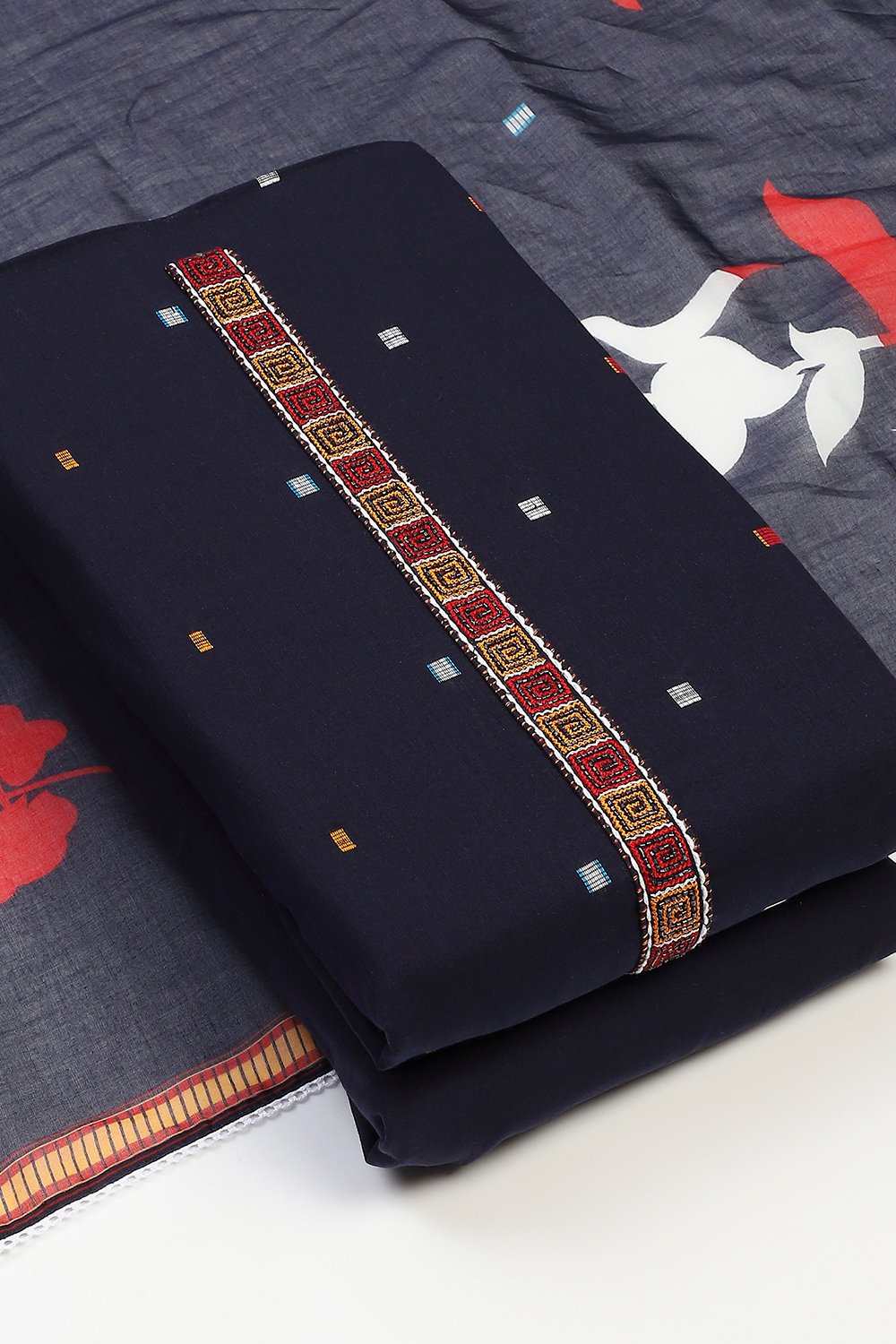 Navy Blue Cotton Unstitched Suit Set image number 5