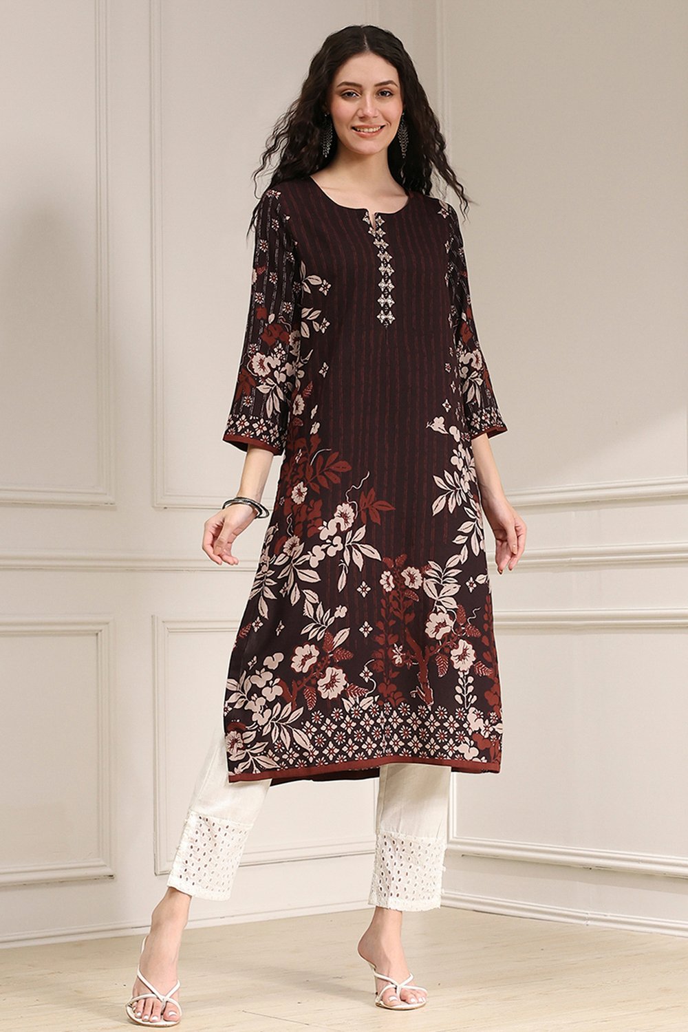 Berry Maroon Printed Straight Kurta image number 5