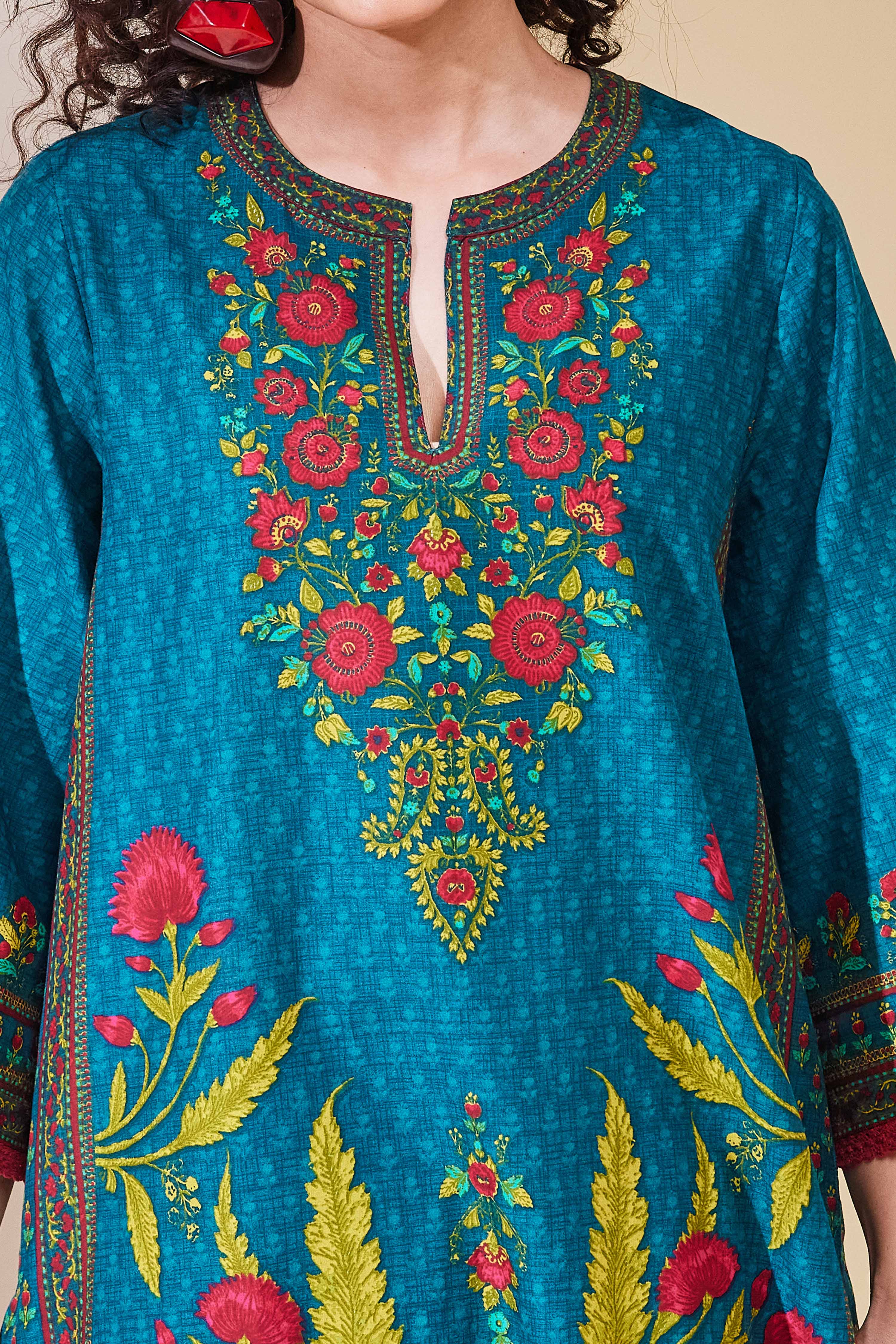 Teal Blue Cotton Printed Straight Kurta image number 1