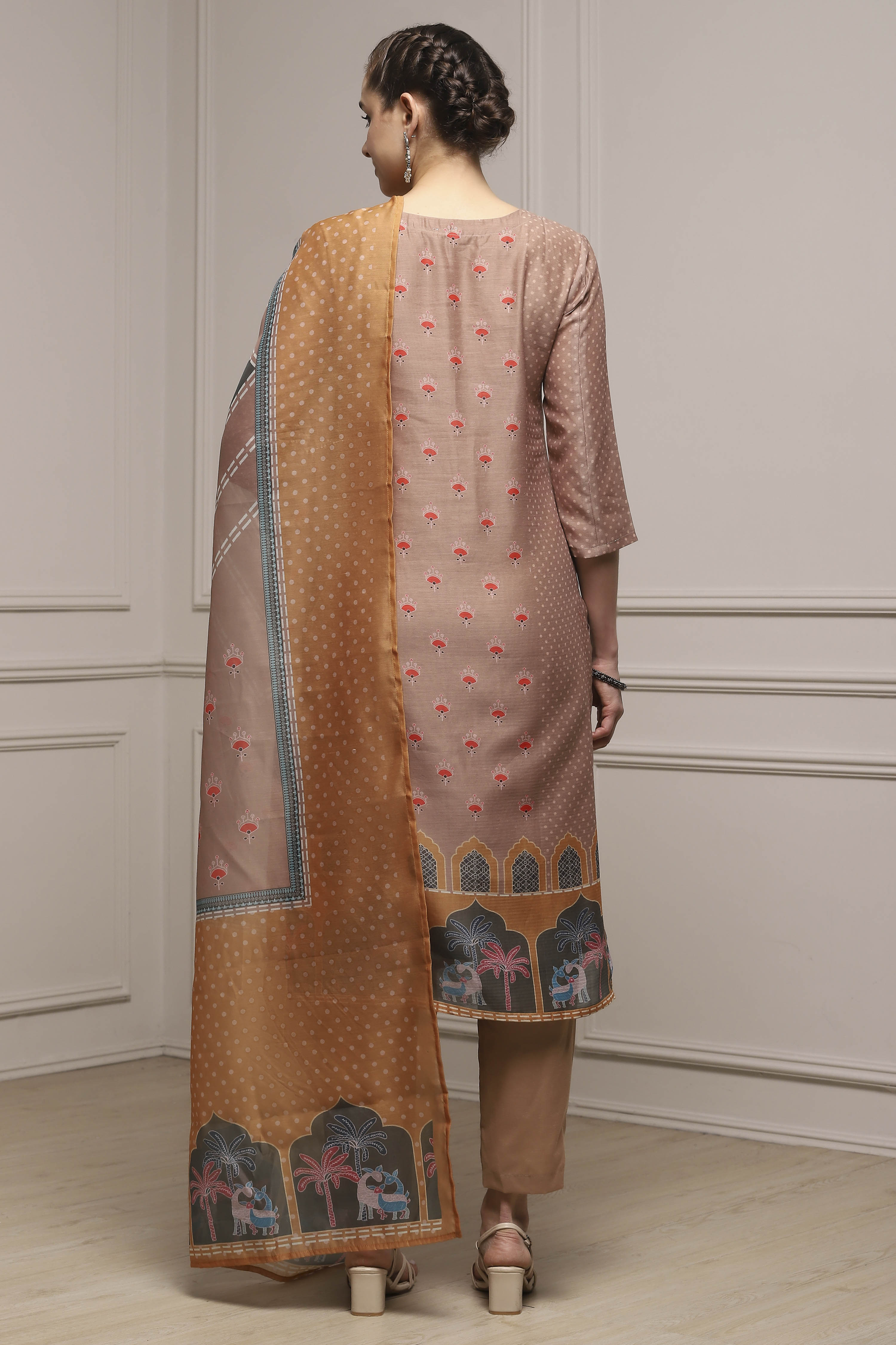 Brown Chanderi Blend Printed Embroidered Unstitched Suit Set image number 5