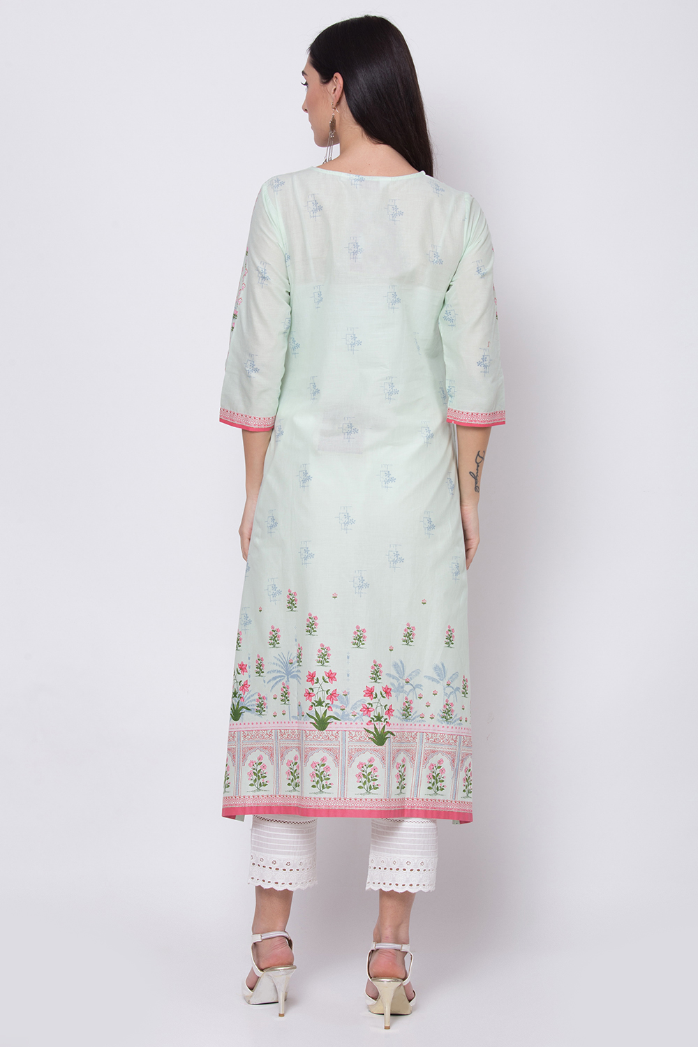 Mint Green Cotton A-Line Printed Kurta image number 4