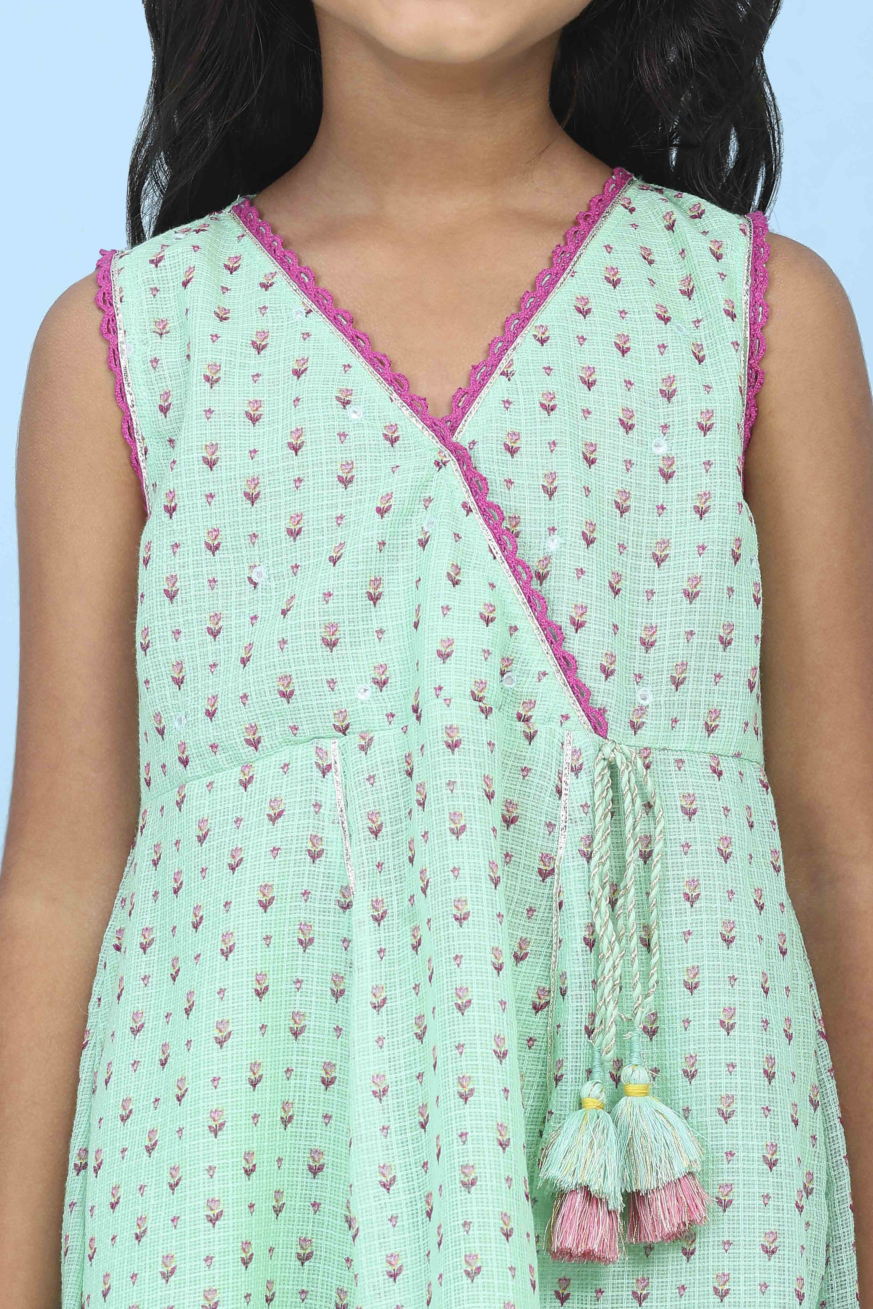 Green Cotton Floral Printed Anarkali Suit Set image number 1