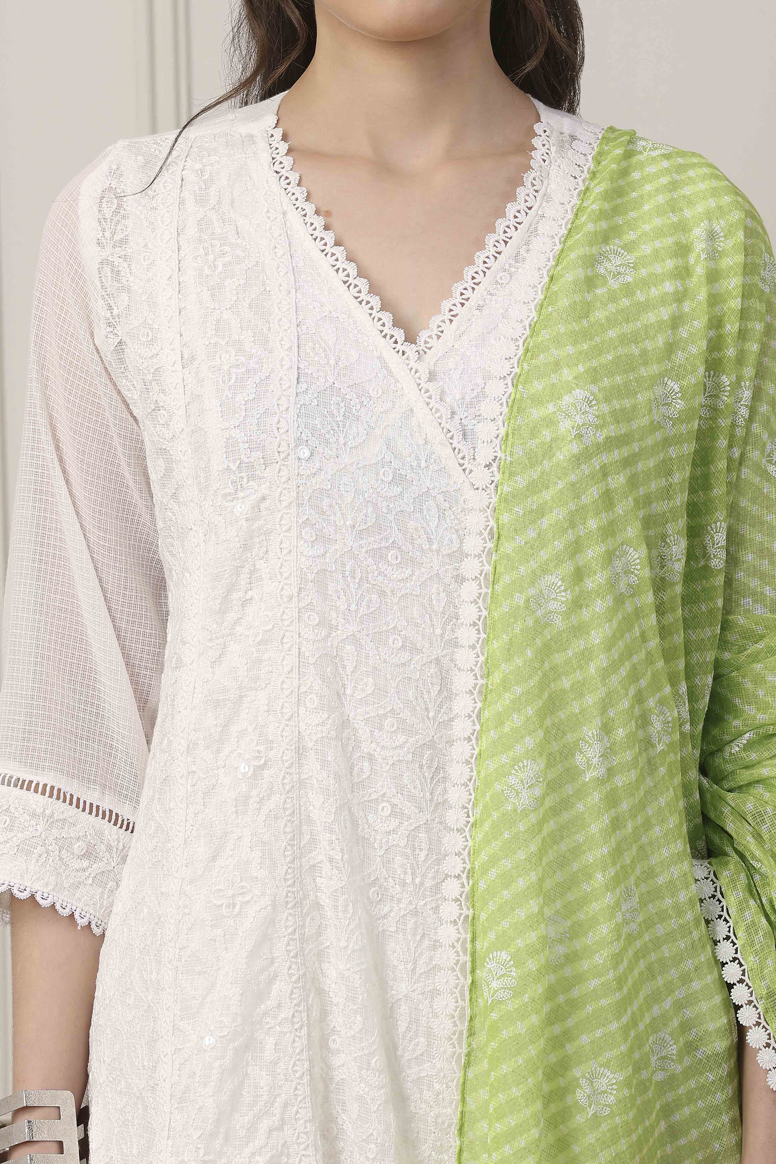 White Cotton Lace Embroidered Straight Suit Set image number 1