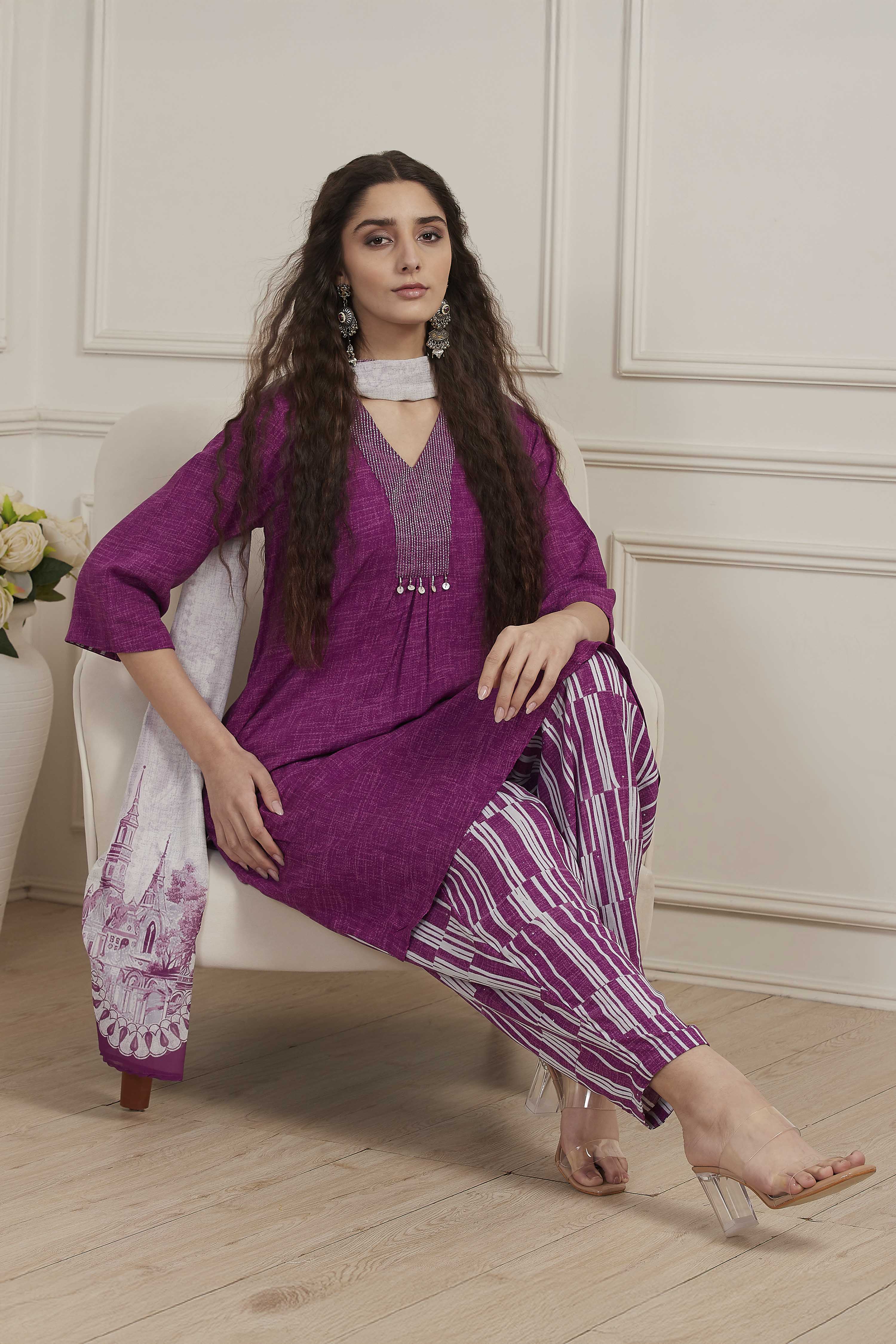 Purple Printed Straight Suit Set image number 0