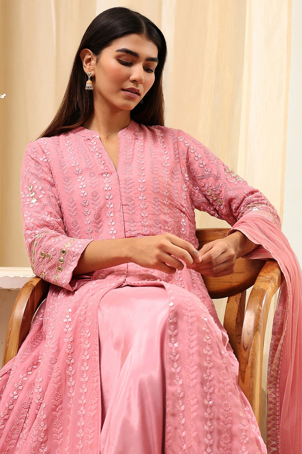 Powder Pink Viscose Front Open Suit Set image number 1