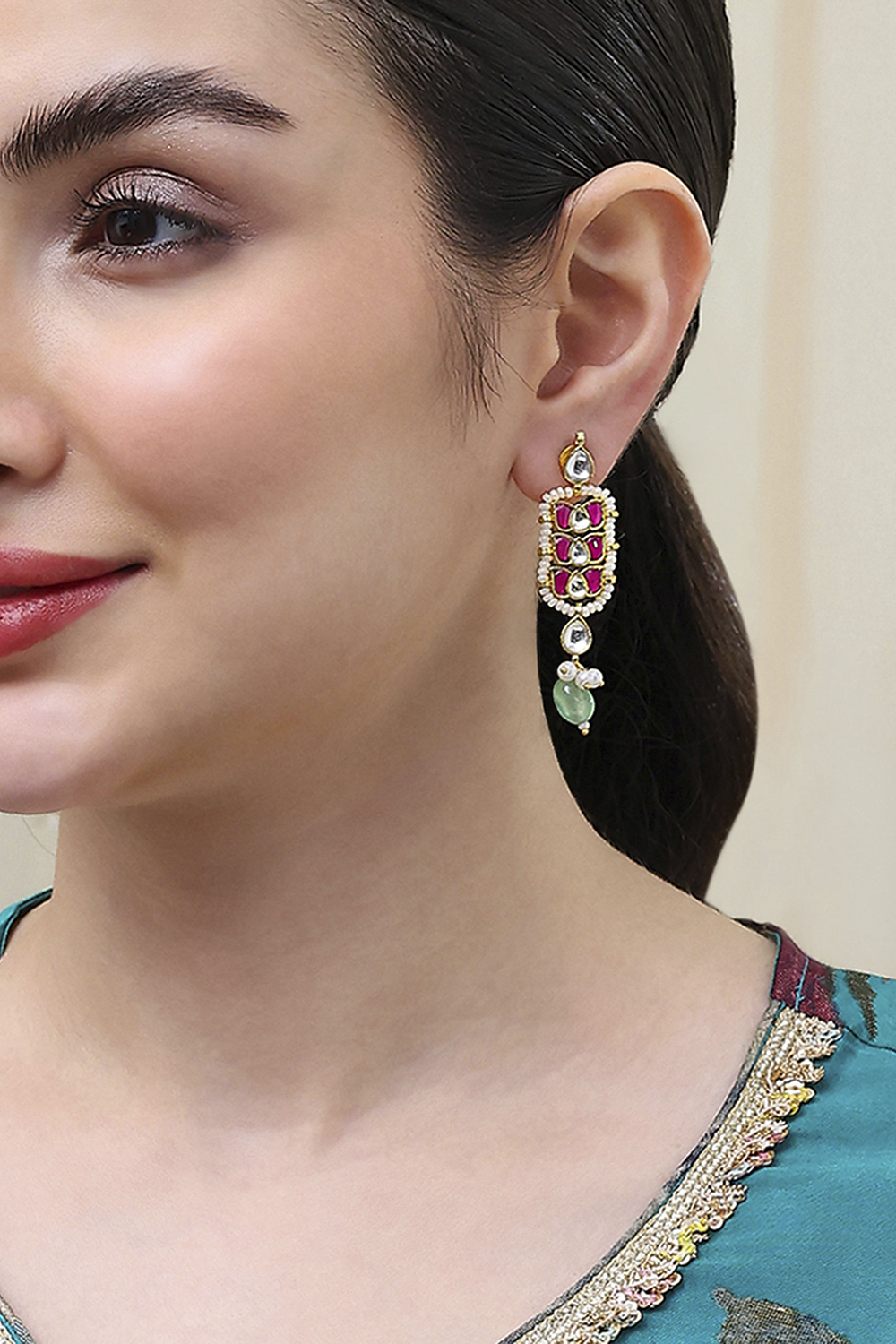 Pink Green Brass Drop & Danglers image number 1