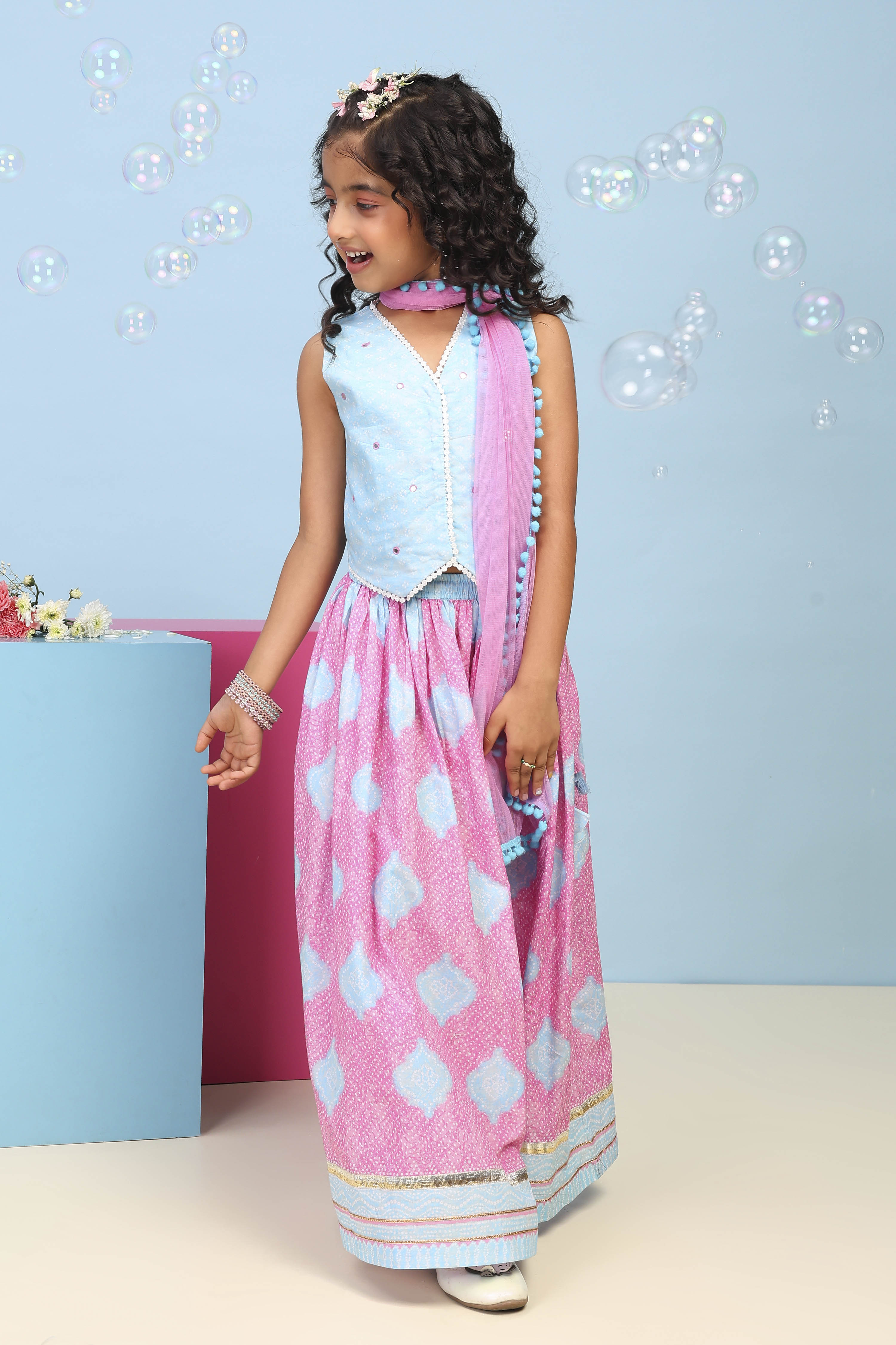 Blue Cotton Printed Straight Lehenga Set image number 0