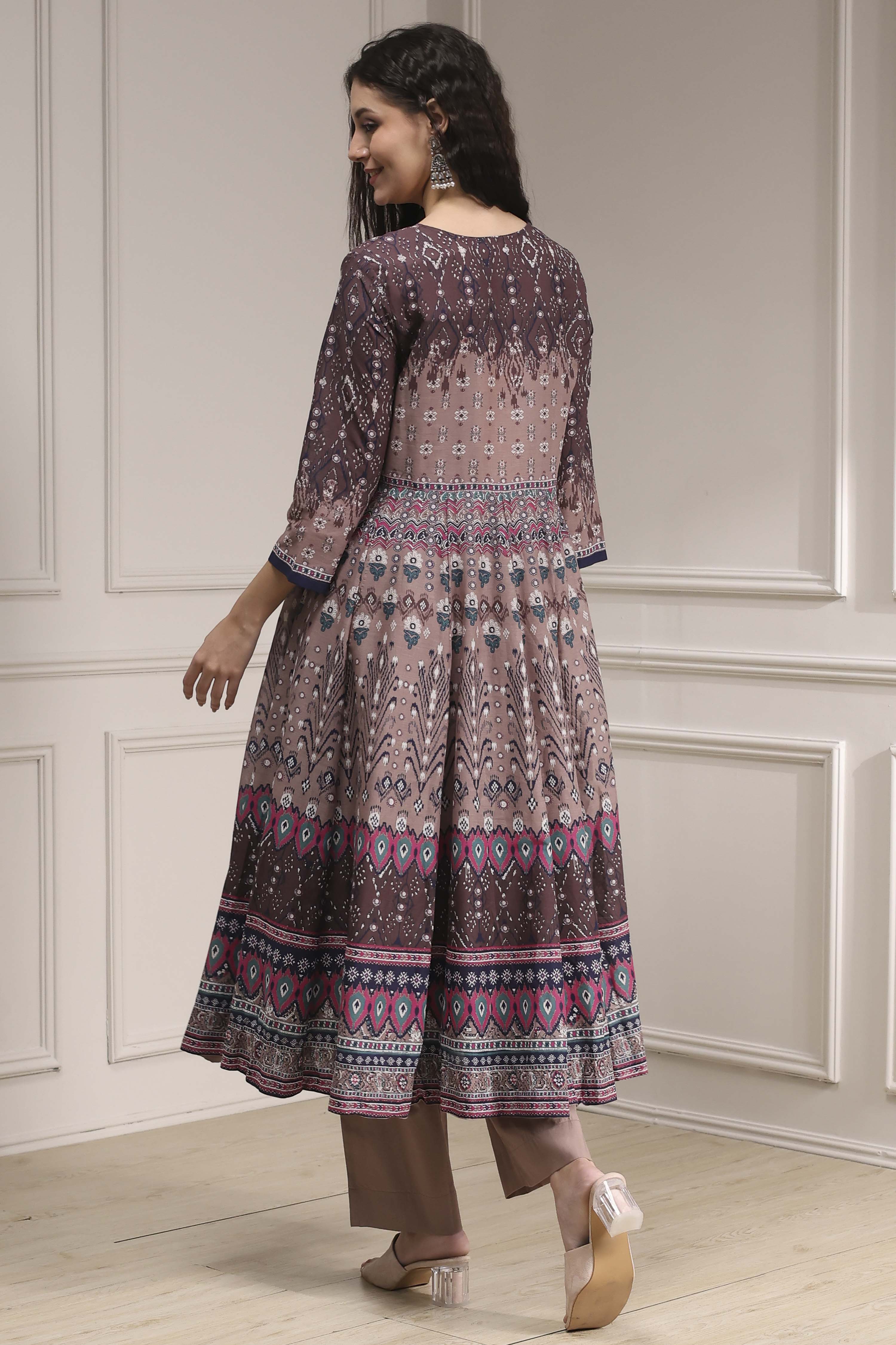 Lilac Cotton Printed Anarkali Suit Set image number 4