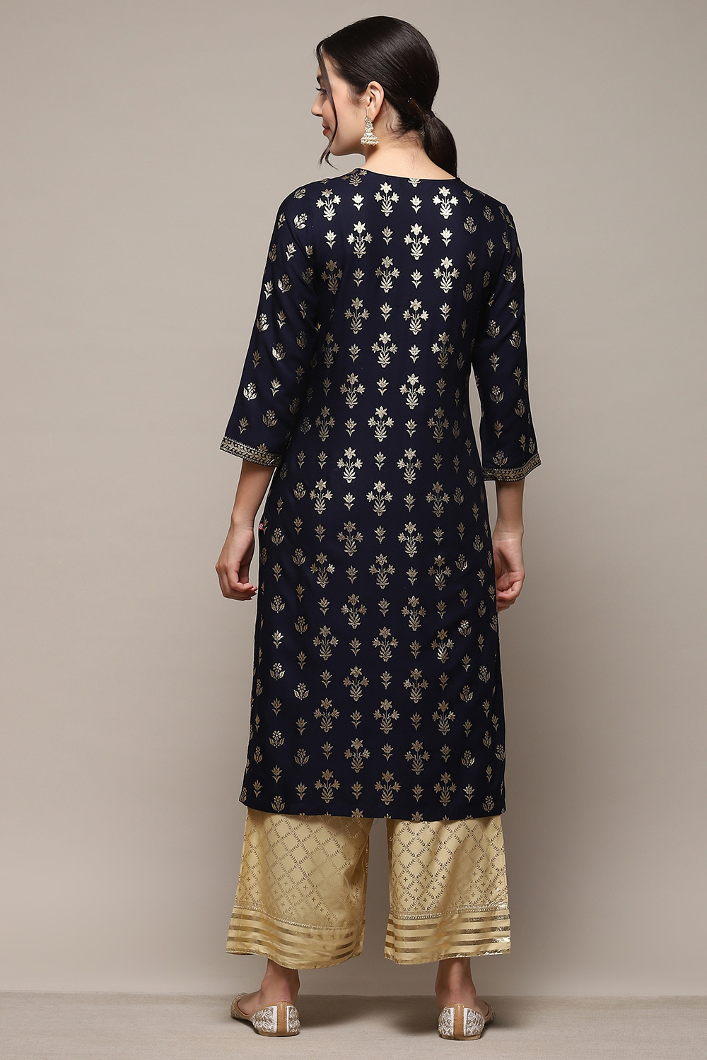 Navy Blue Rayon flax Straight Kurta Palazzo Suit Set image number 4