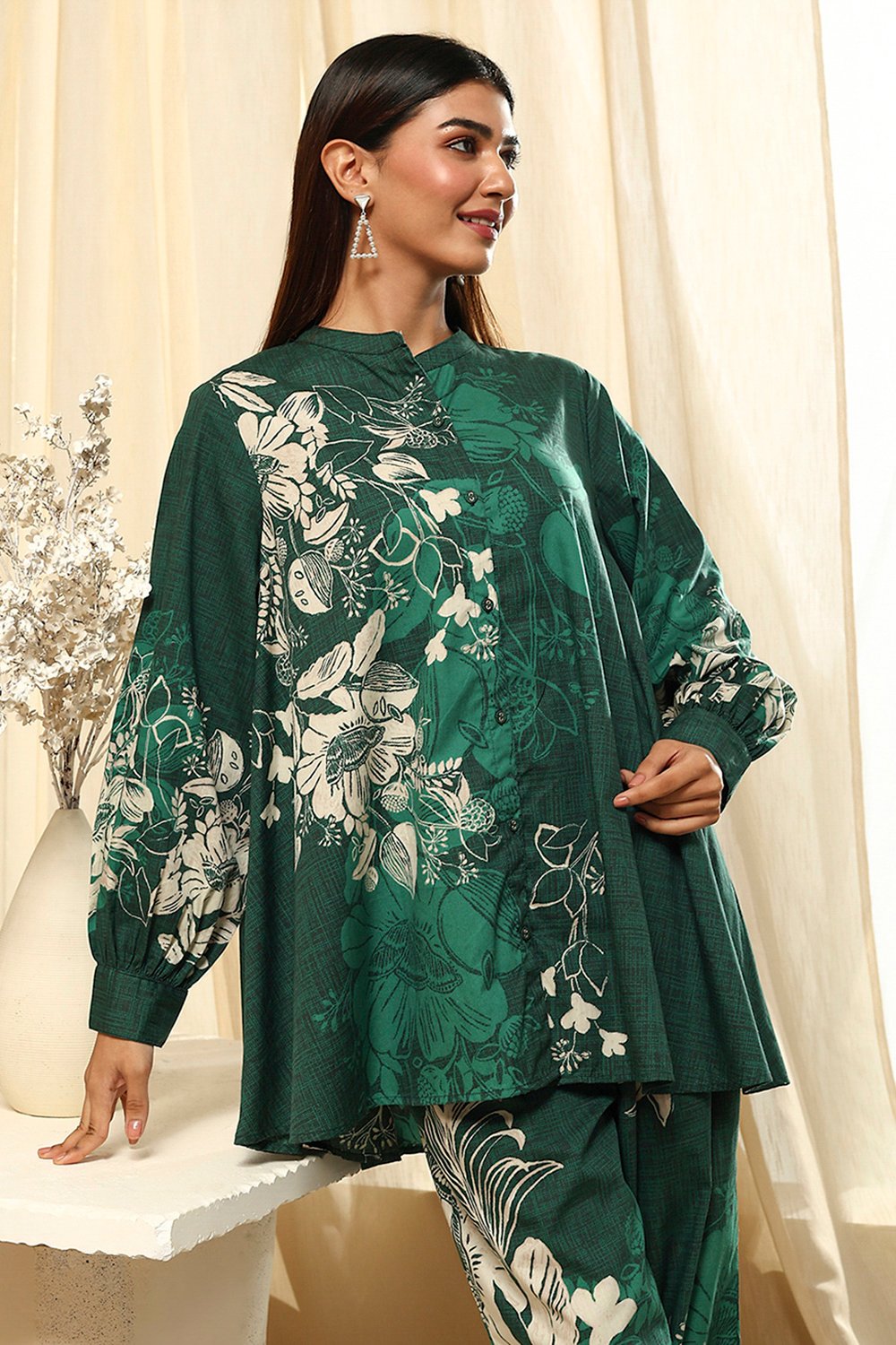 Green Cotton Floral Printed Co-ord Set image number 1