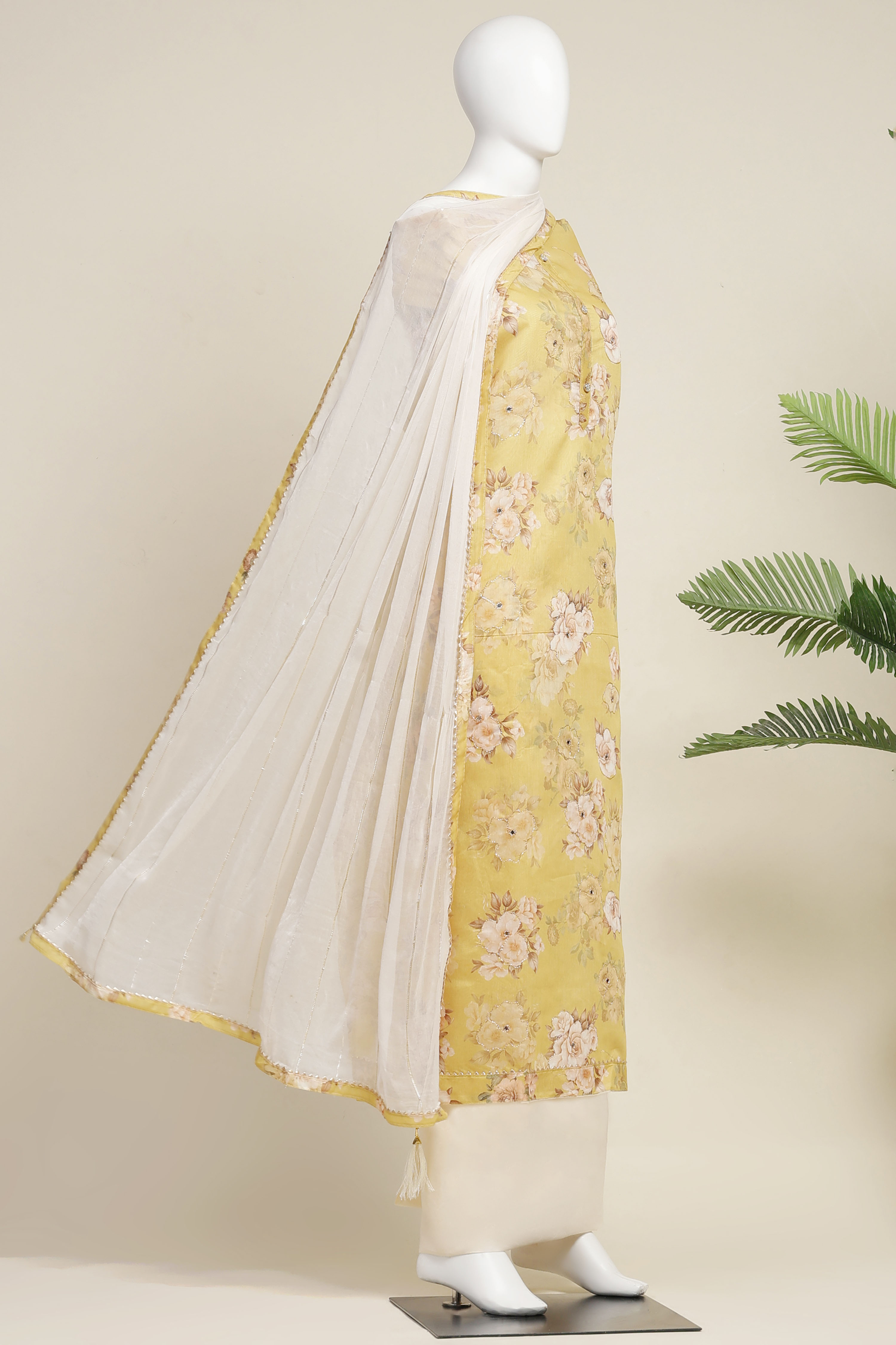 Mustard Chanderi  Printed Unstitched Suit Set image number 5
