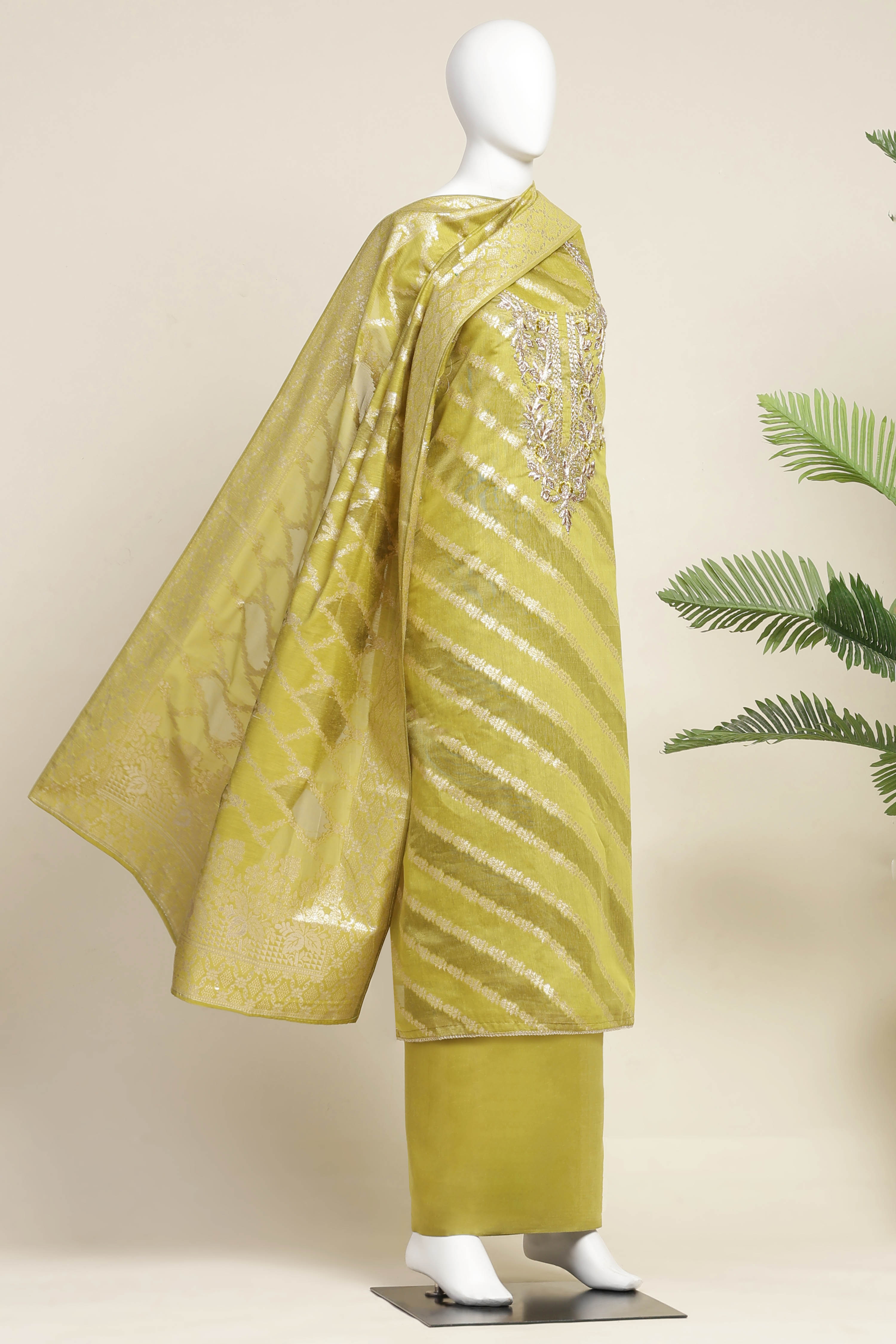 Botle Green Tissue Chanderi Embroidered Unstitched Suit Set image number 4