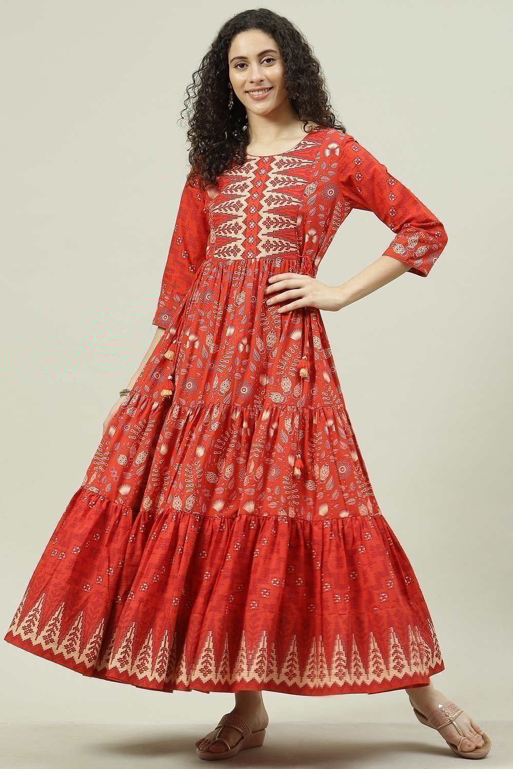 Mustard Cotton Flared Fusion Printed Dress image number 5