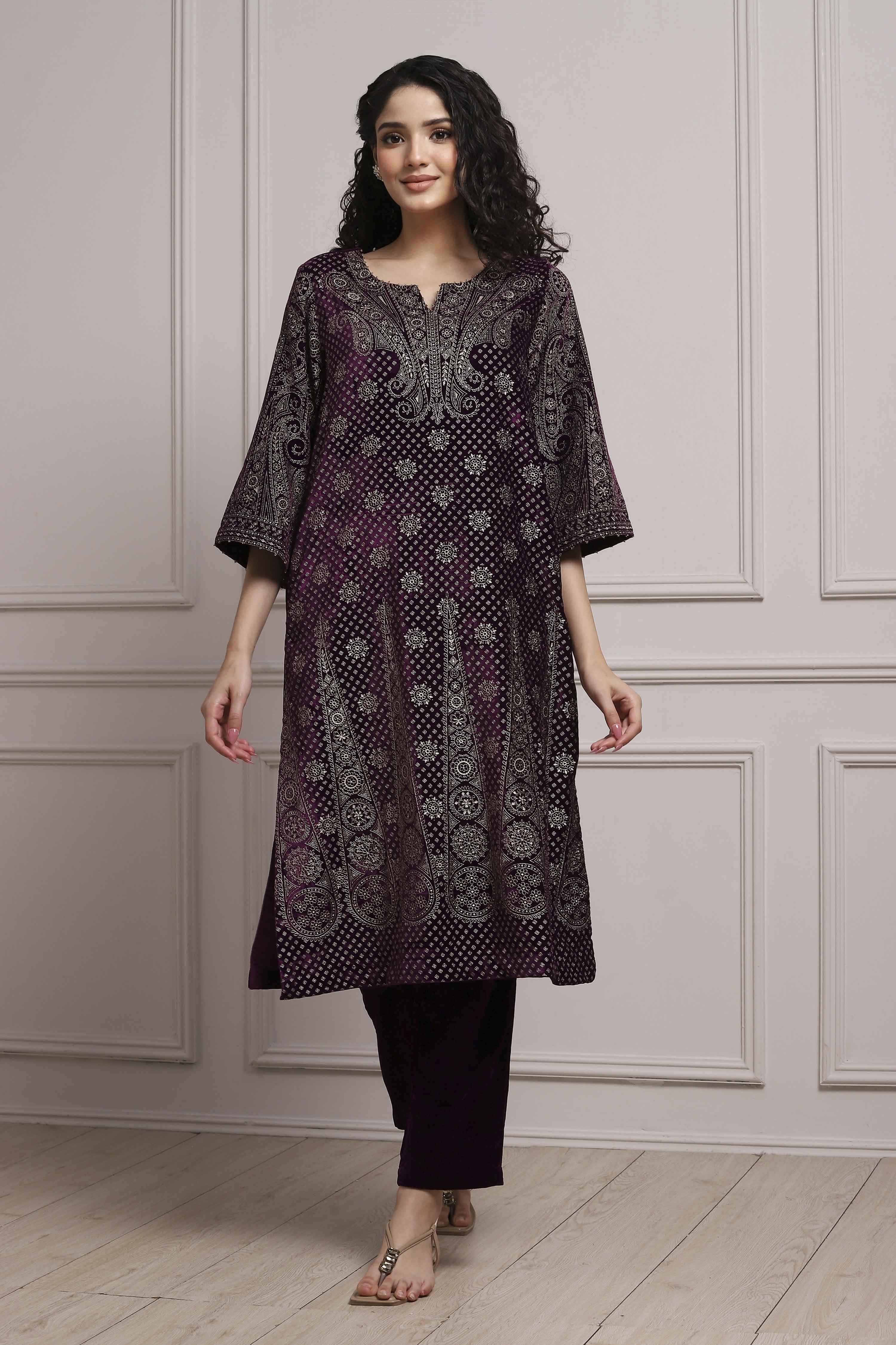 Purple Polyester Straight Printed Kurta Pants Set image number 0