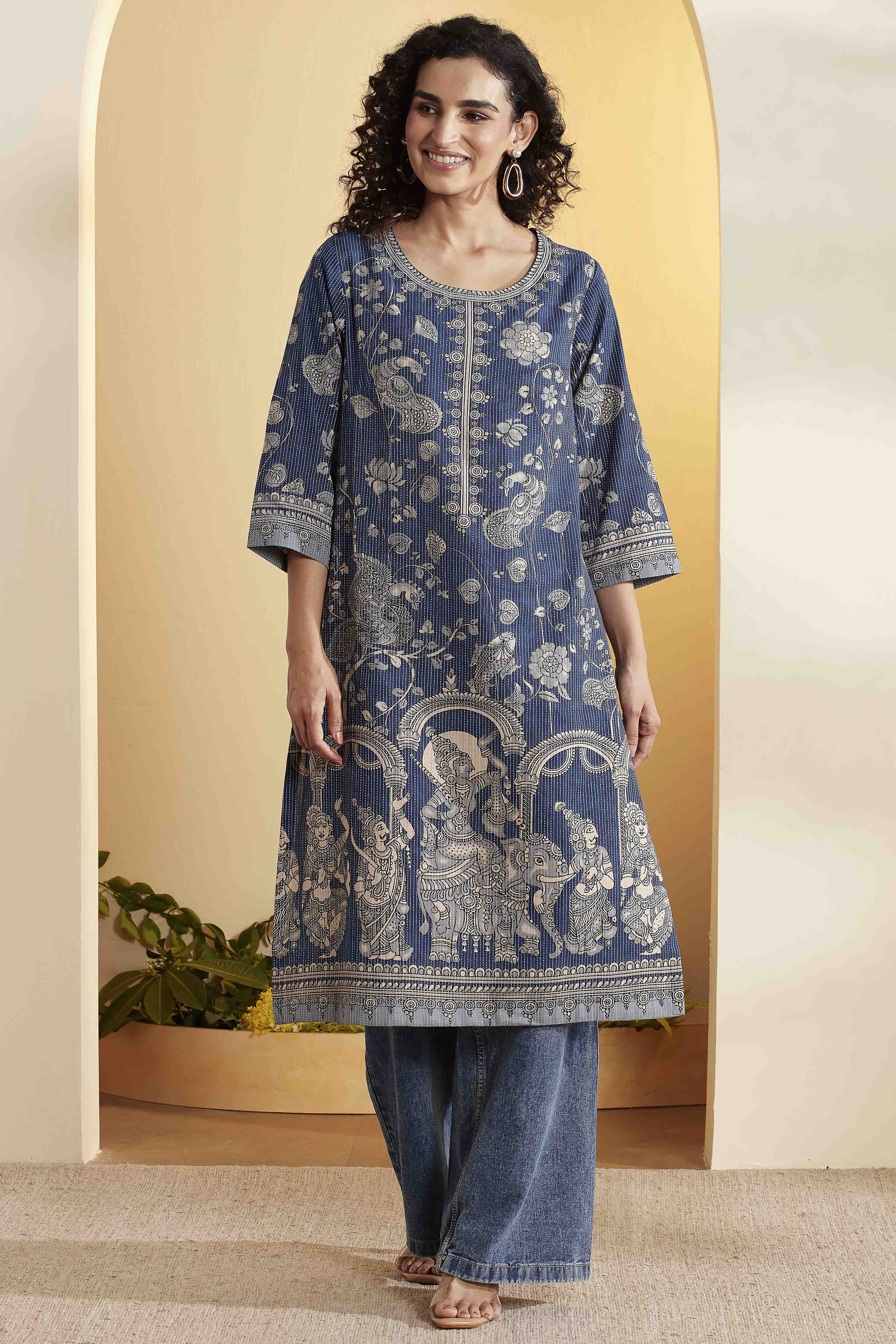 Navy Cotton Straight Kurta image number 0