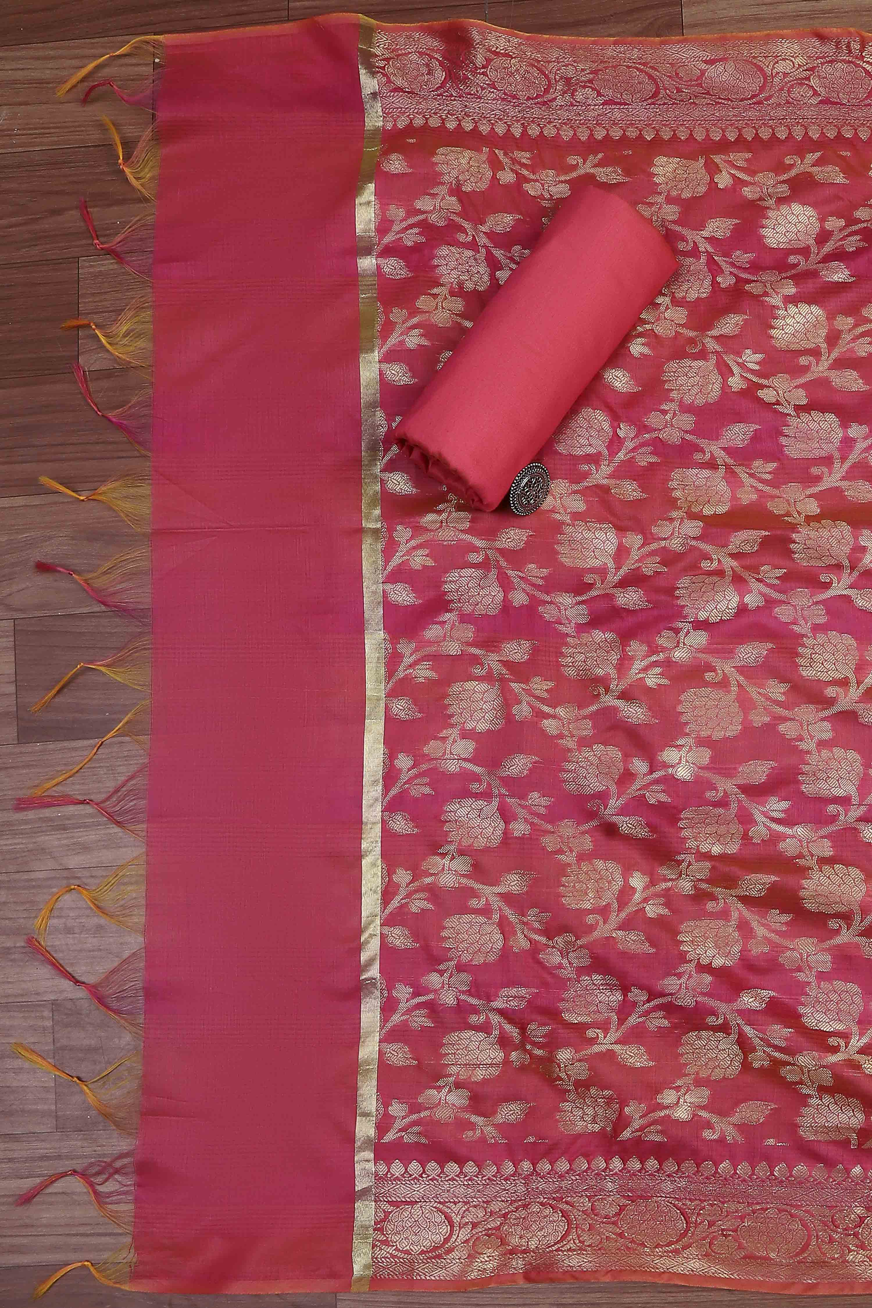 Rust Cotton Printed Embroidered Unstitched Suit Set image number 3