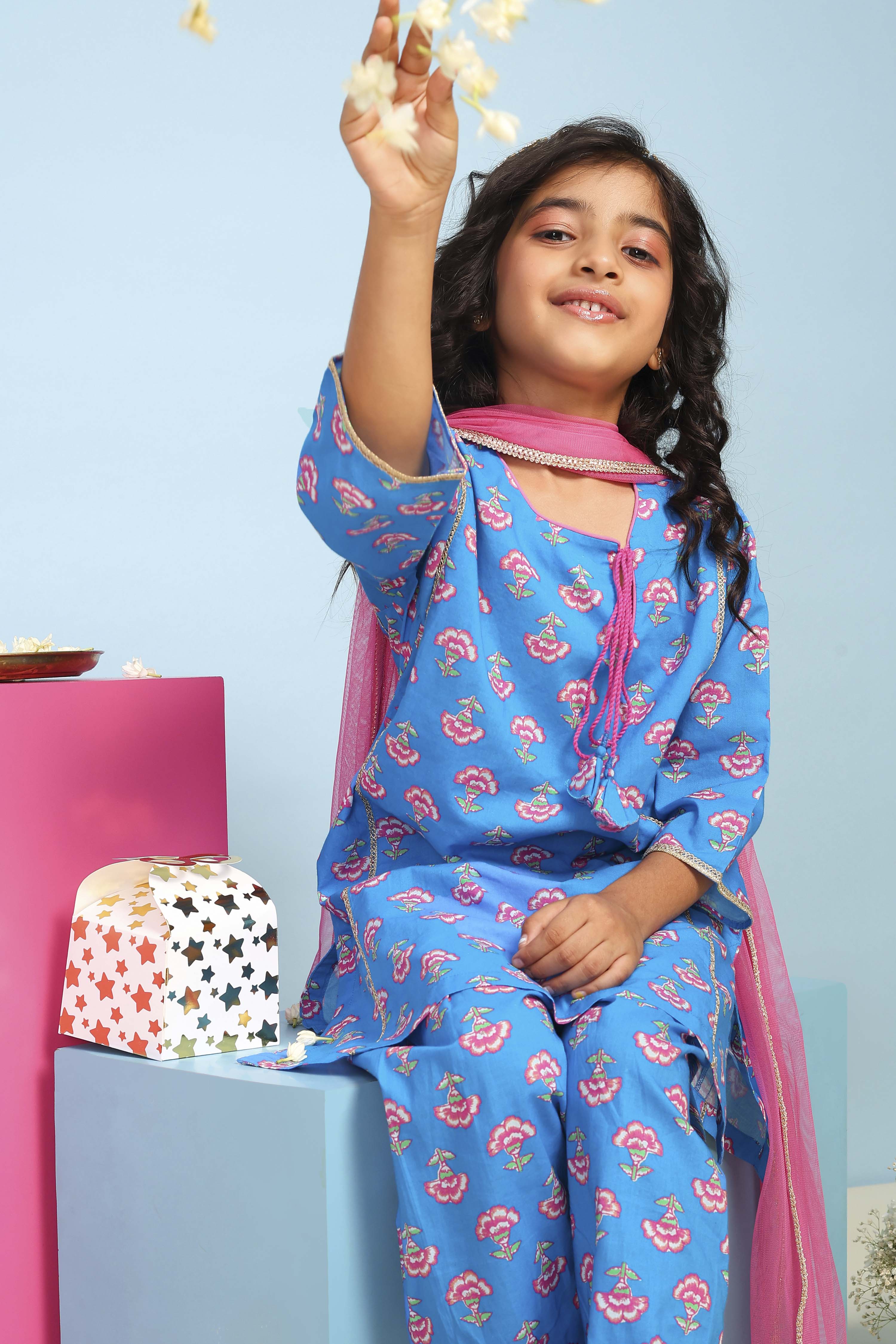 Blue Cotton Printed Straight Suit Set image number 7