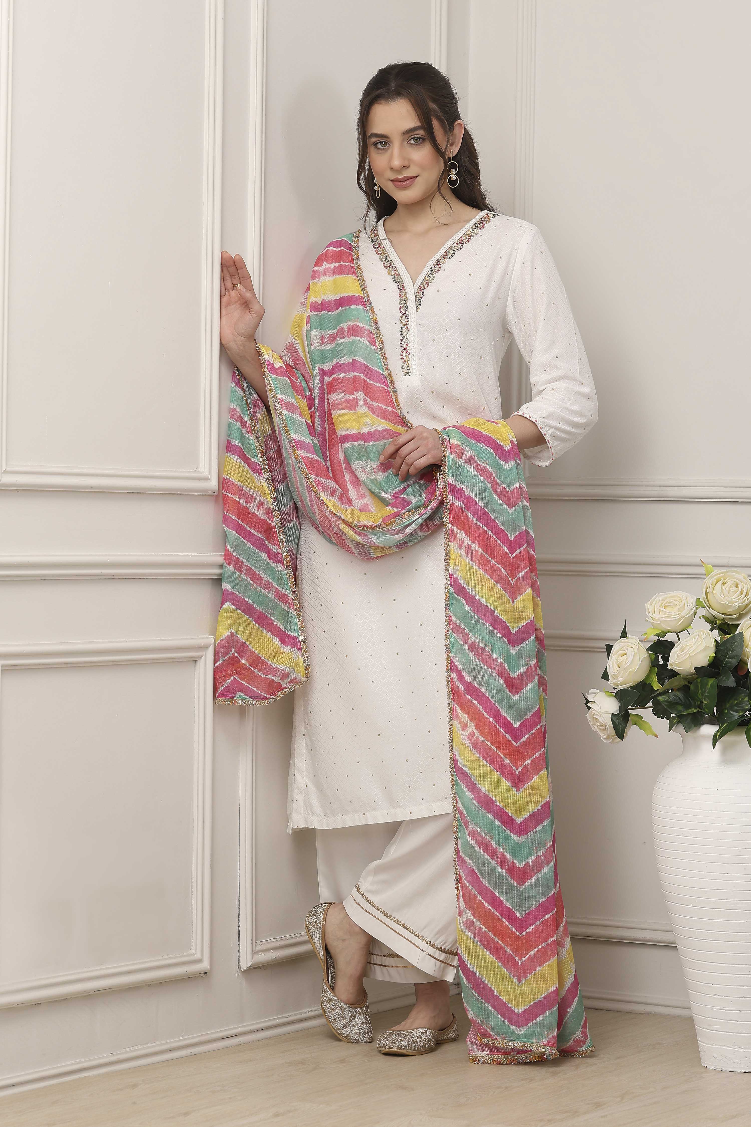 White & Pink Yoke Design Straight Suit Set image number 0