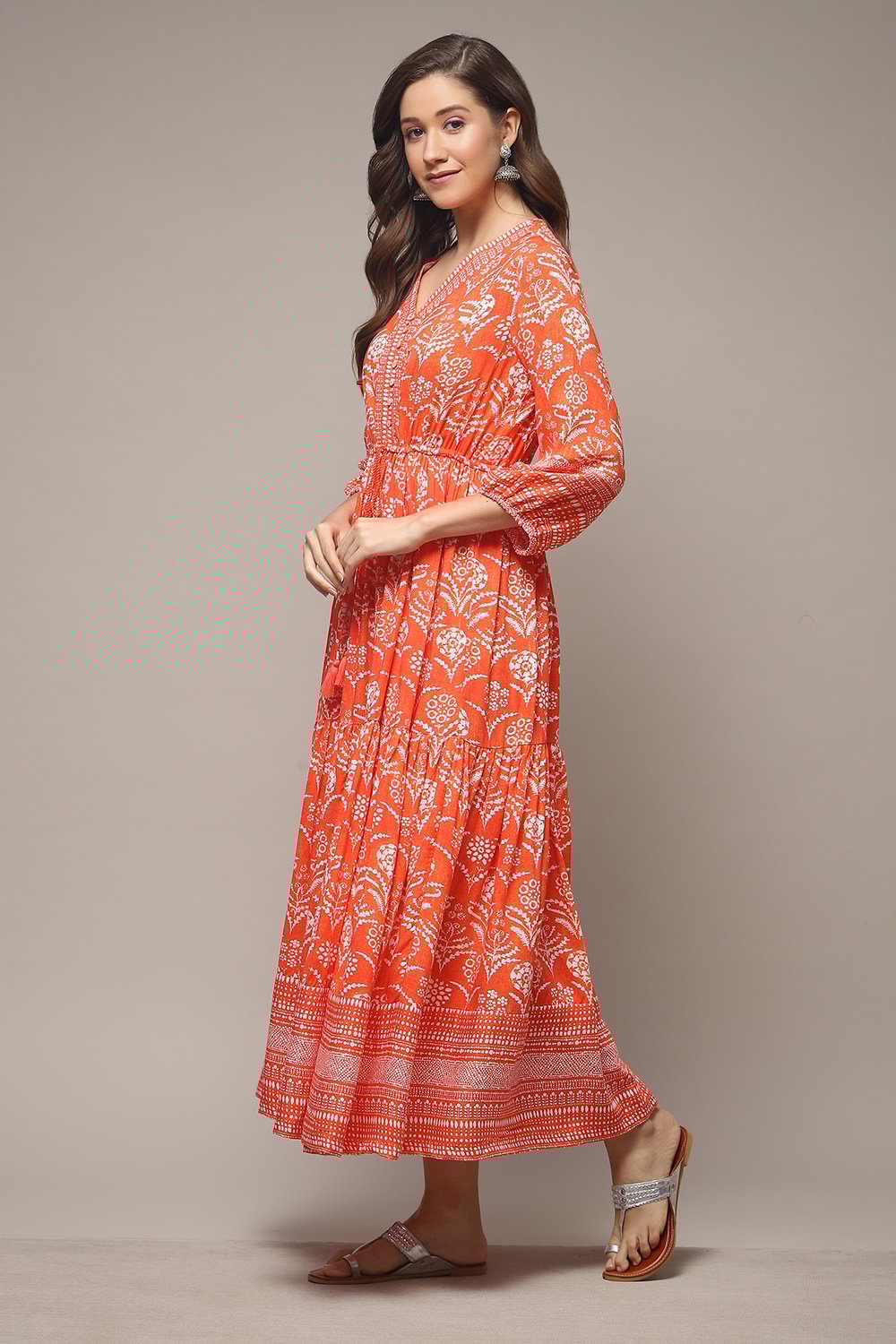 Orange Printed Tiered Dress image number 3