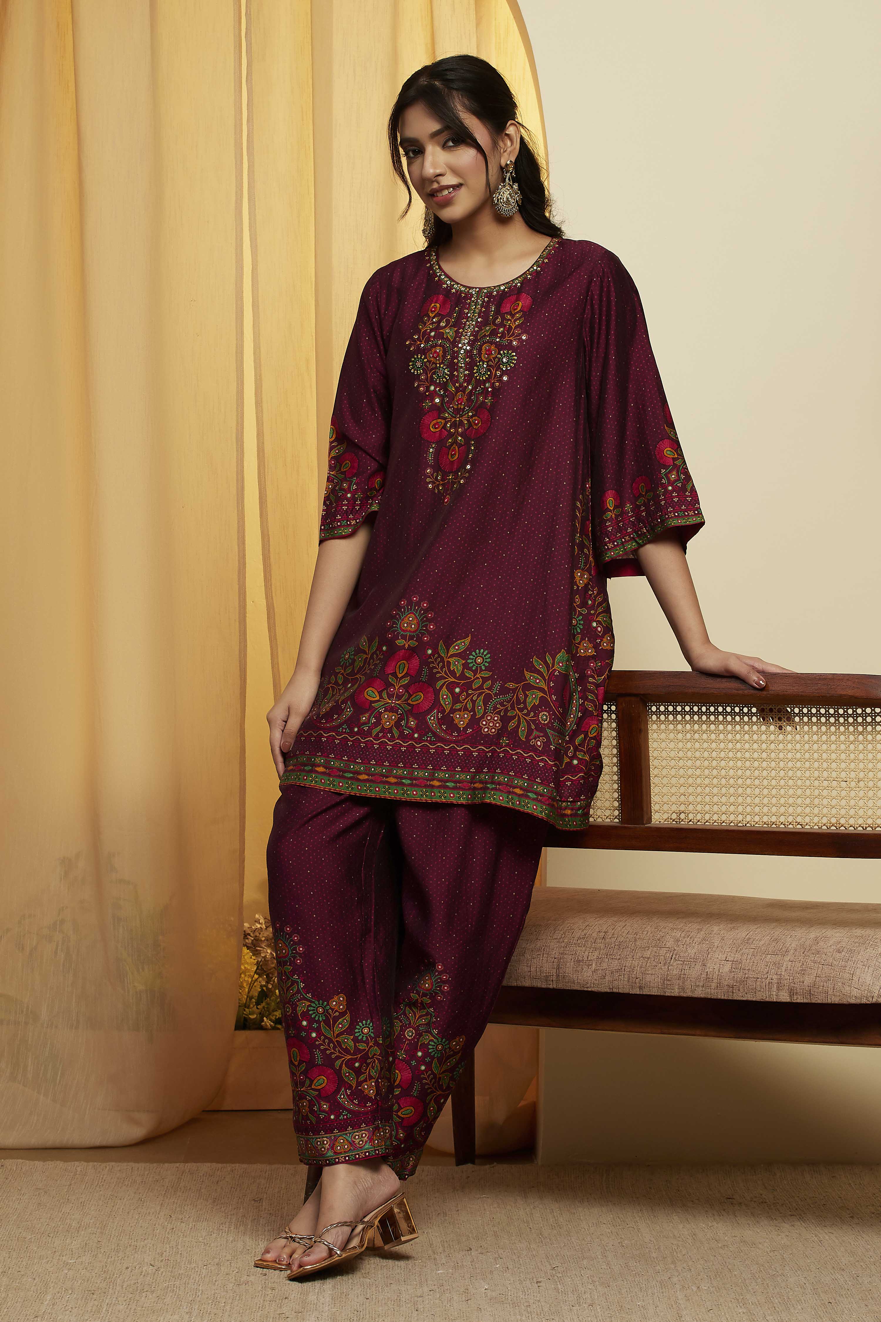 Wine Silk Printed Straight Kurta Set image number 0