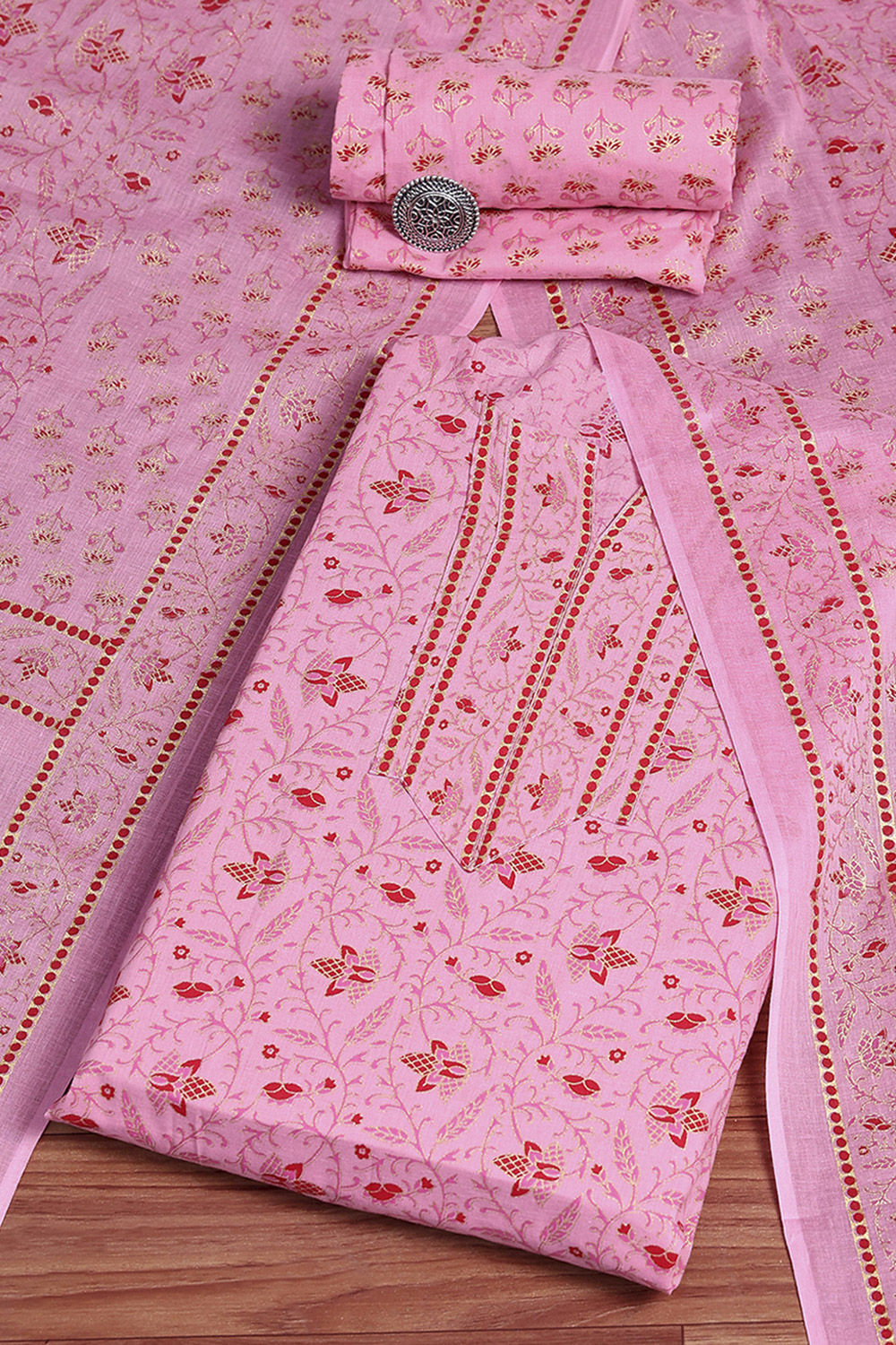 Pink Cotton Screen Print Unstitched Suit Set image number 0