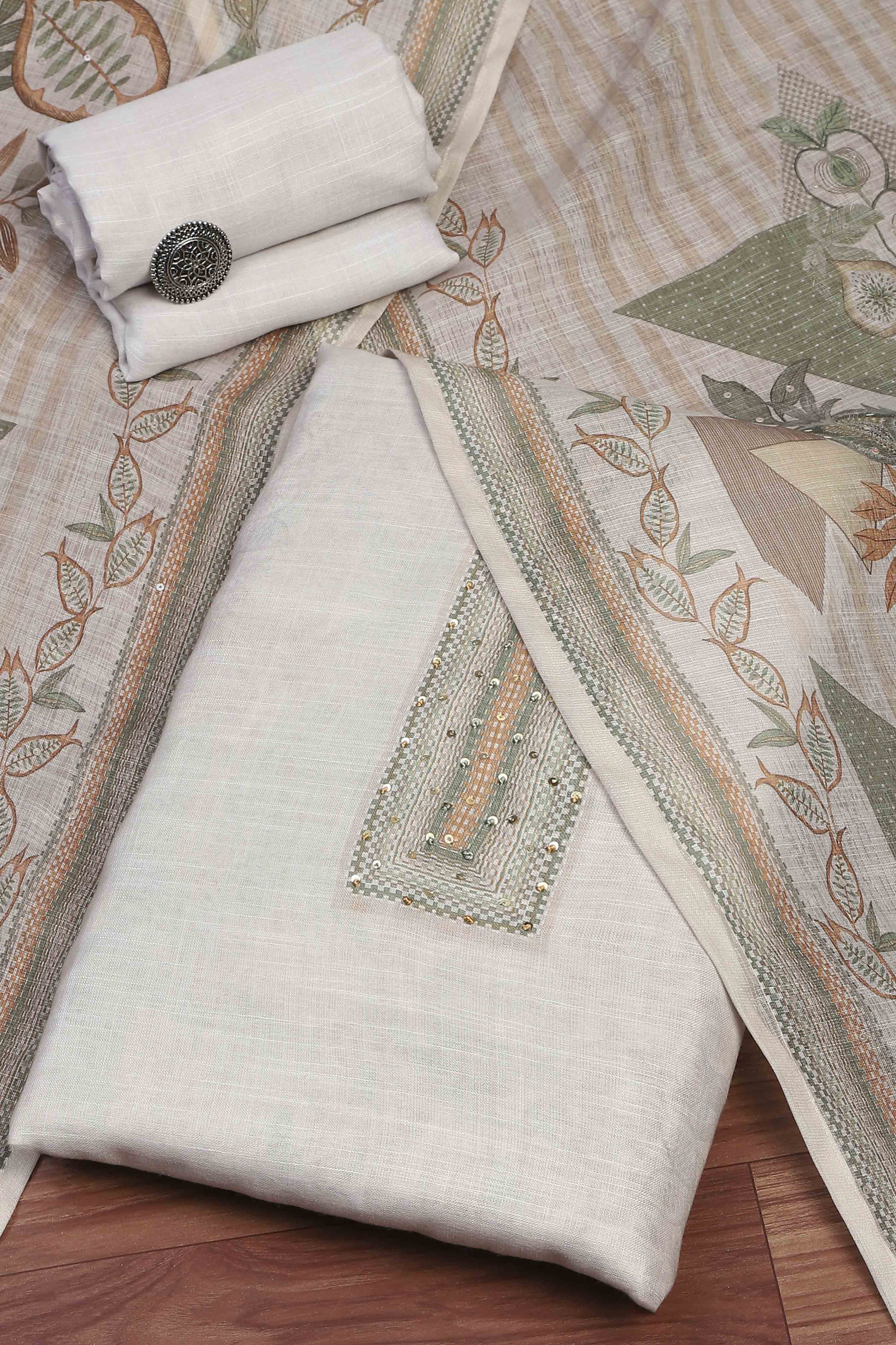 Fawn Linen Unstitched Suit Set image number 0