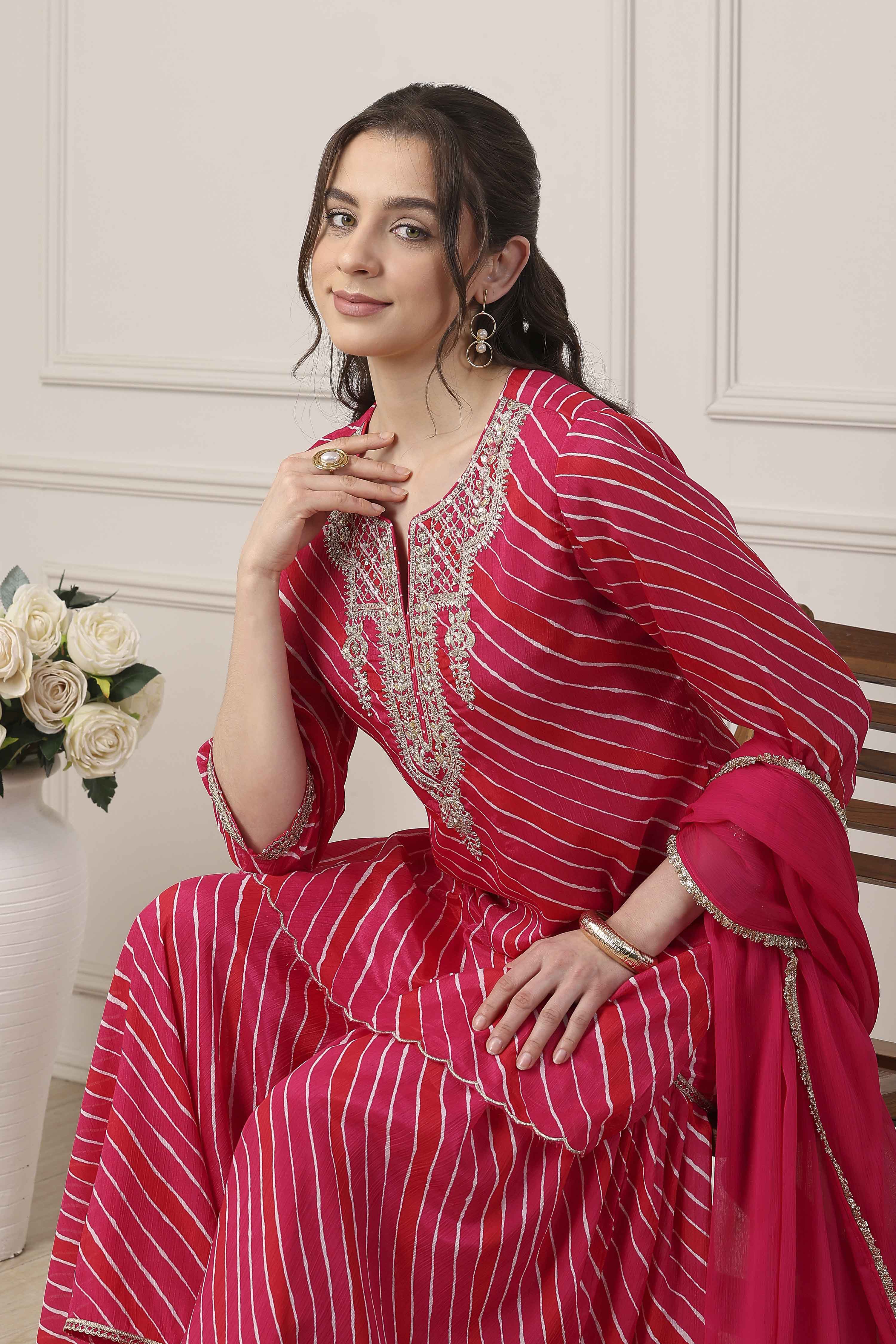 Pink Striped Yoke Design Straight Suit Set image number 8