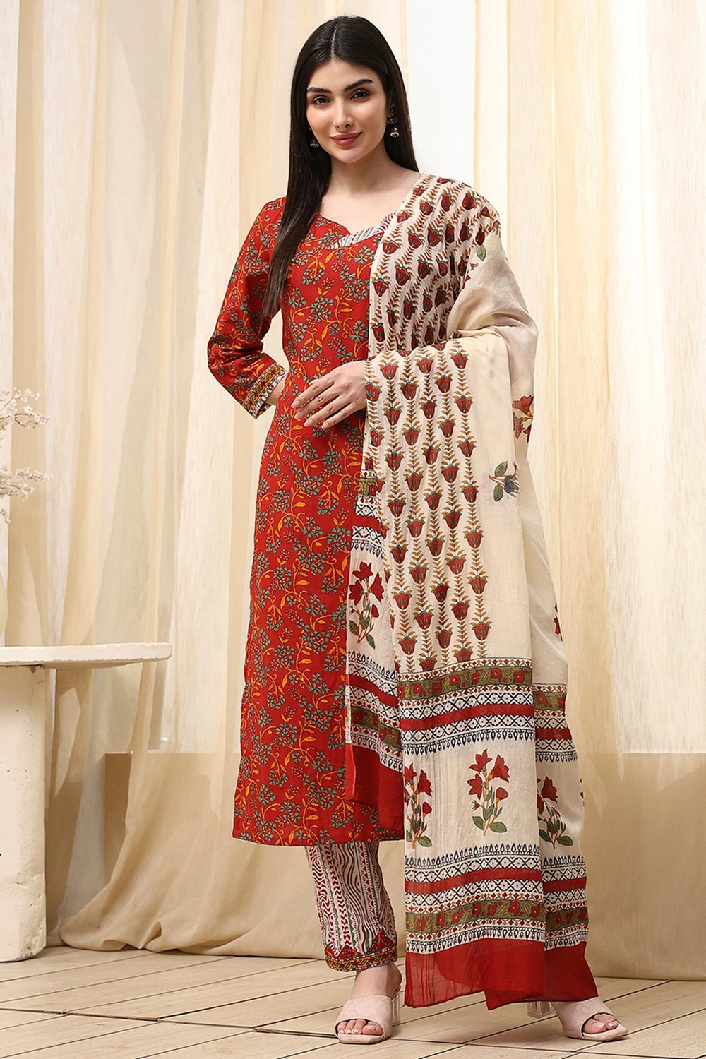 Royal Blue Cotton Screen Print Unstitched Suit Set image number 1