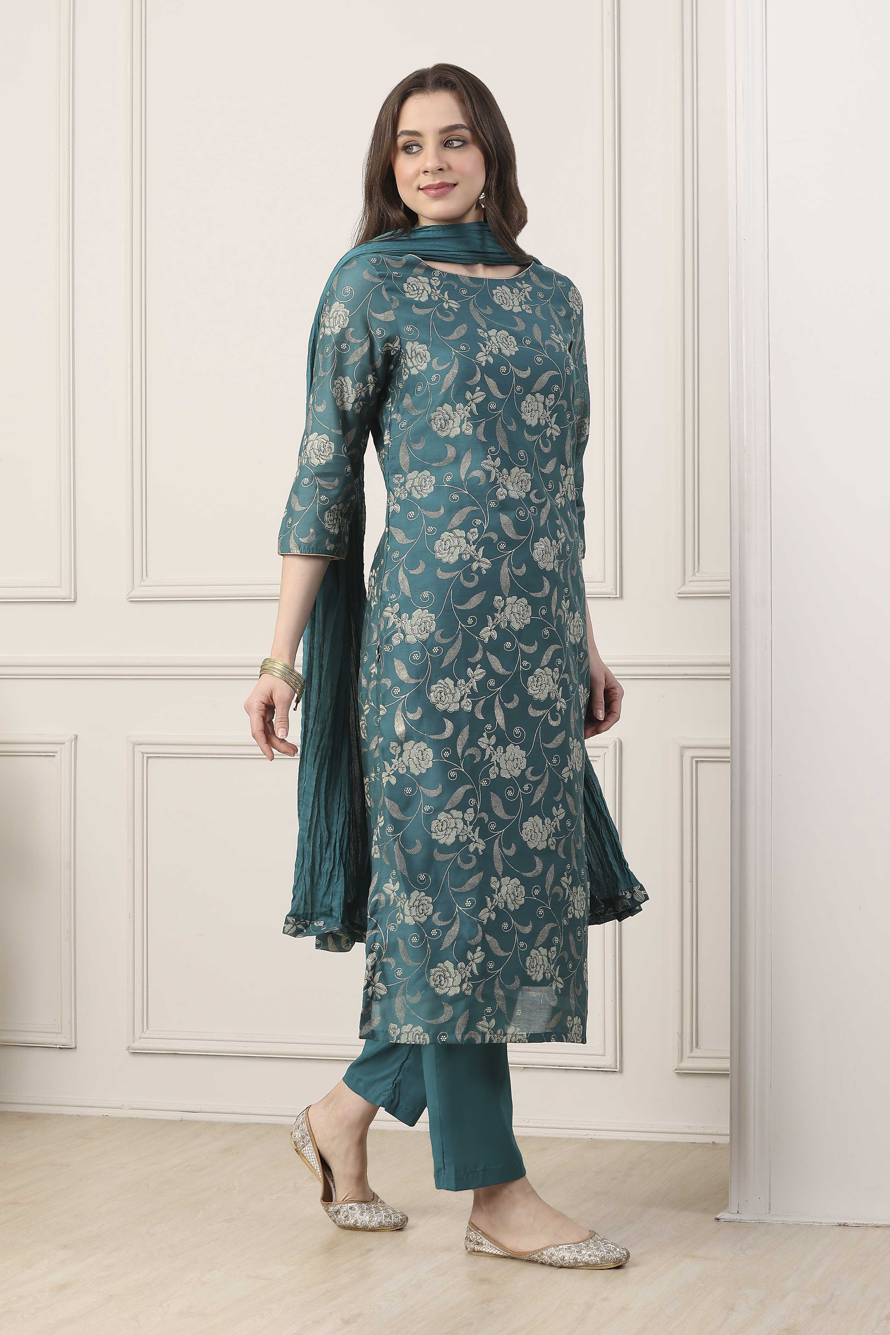 Peacock Green Printed Straight Kurta Regular Pants Suit Set image number 5