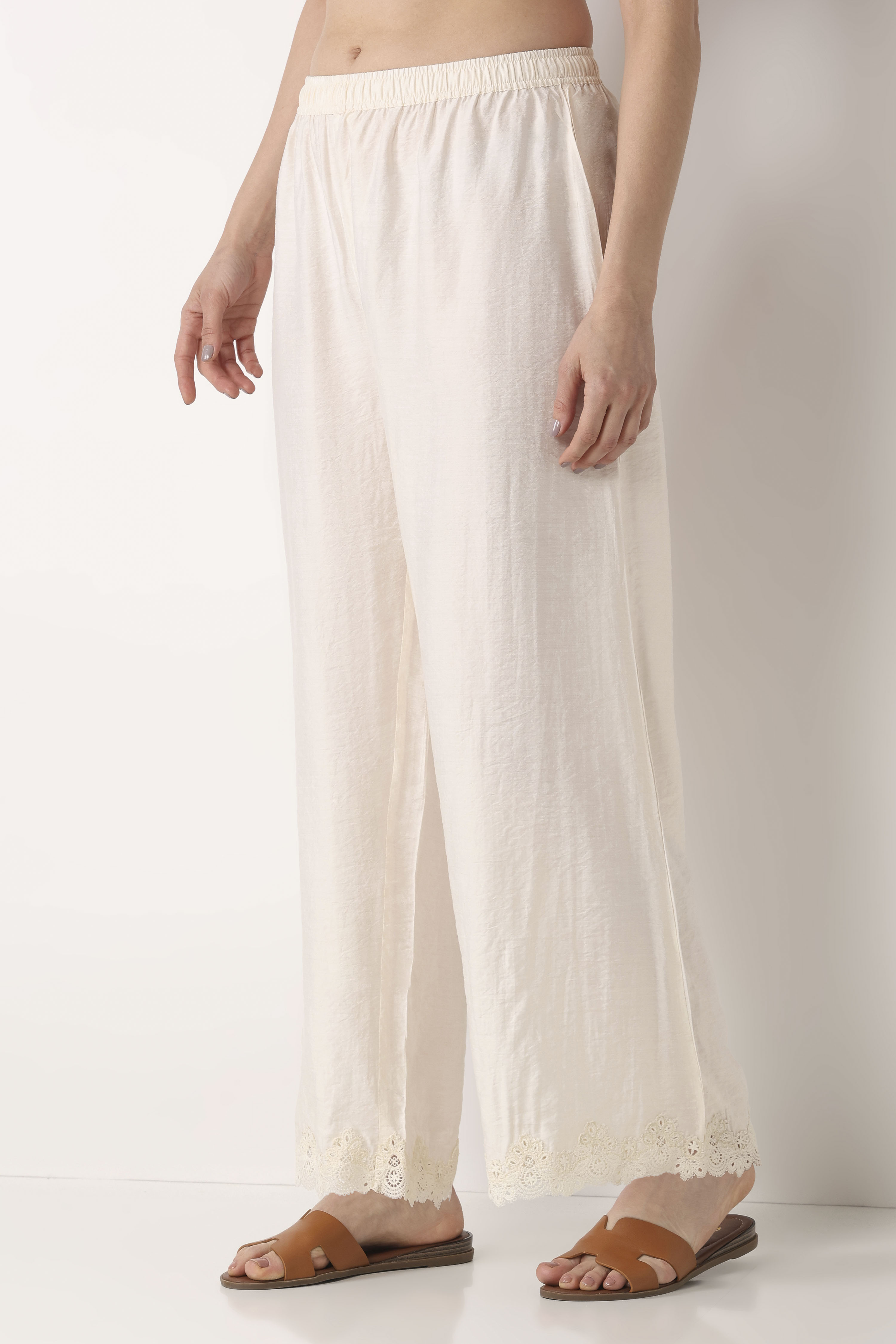 Off White Viscose Blend Straight Palazzos image number 2