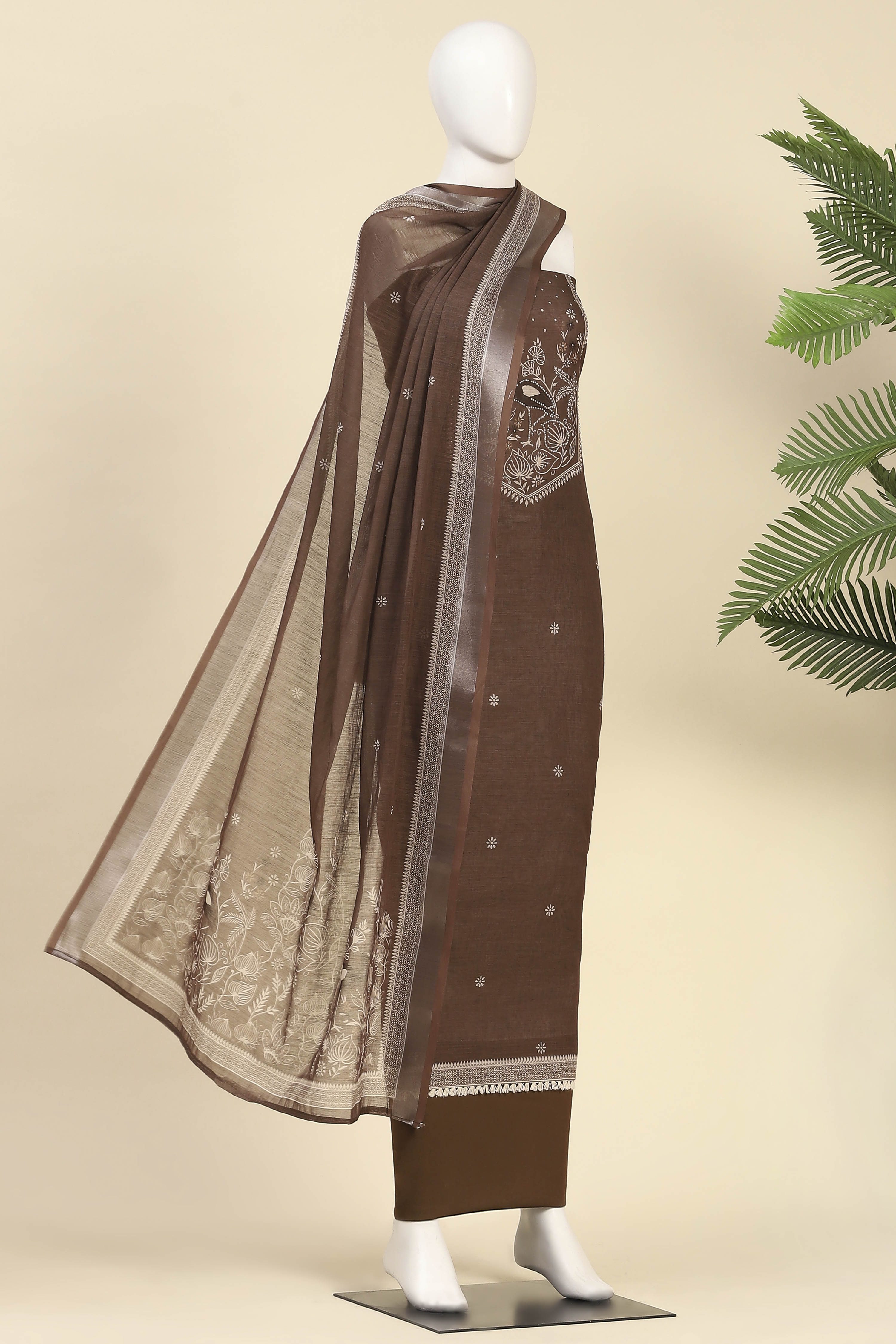 Dark Beige Linen Embroidered Unstitched Suit Set image number 4