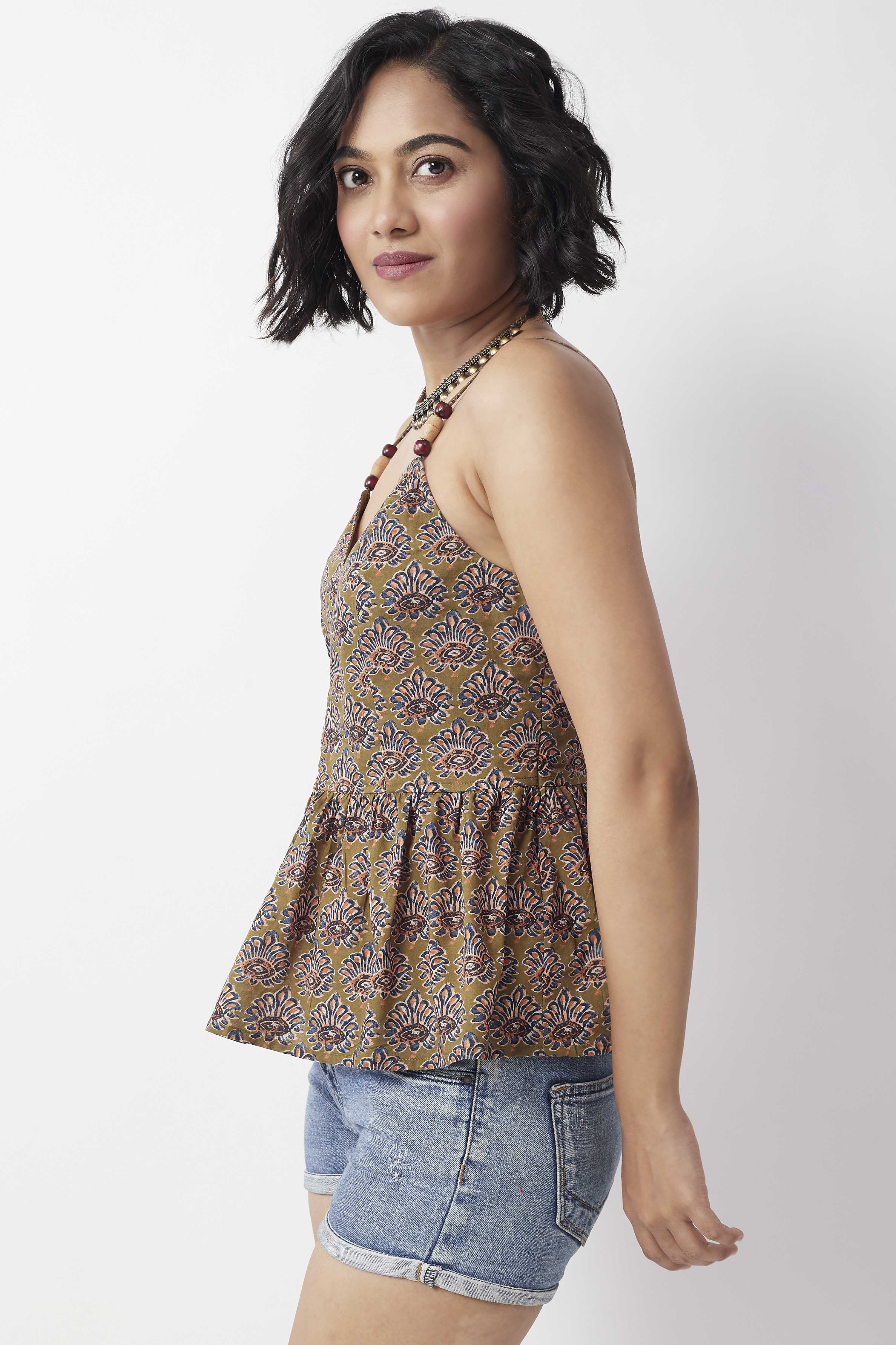 Olive Green Cotton Floral Printed Peplum Top image number 3