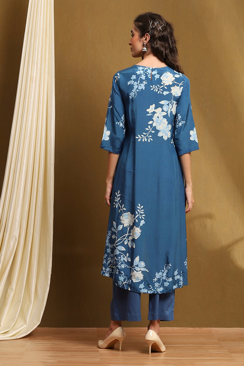 Coral Modal Floral Printed Asymmetric Kurta Set image number 4