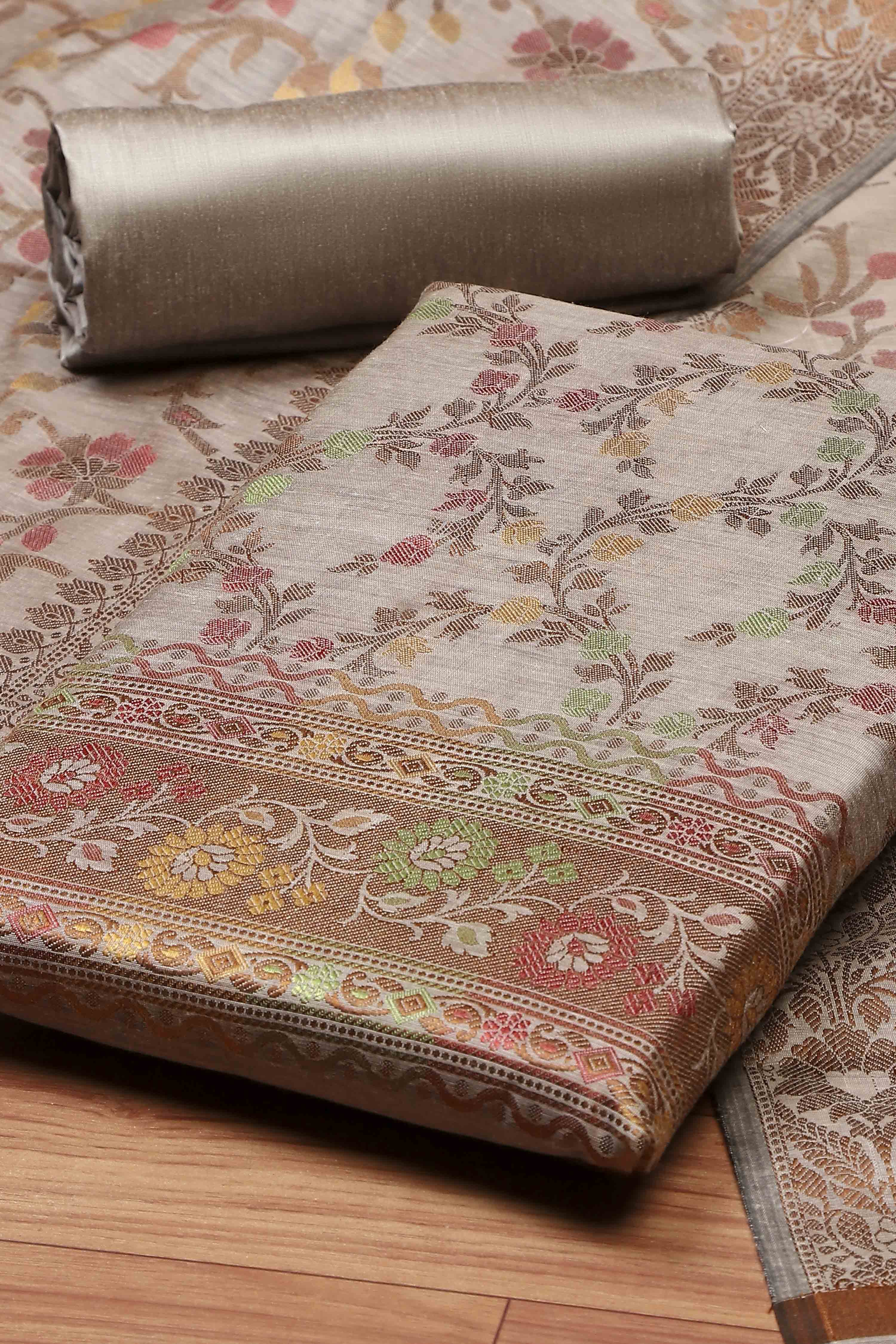 Grey Cotton Printed Embroidered Unstitched Suit Set image number 1
