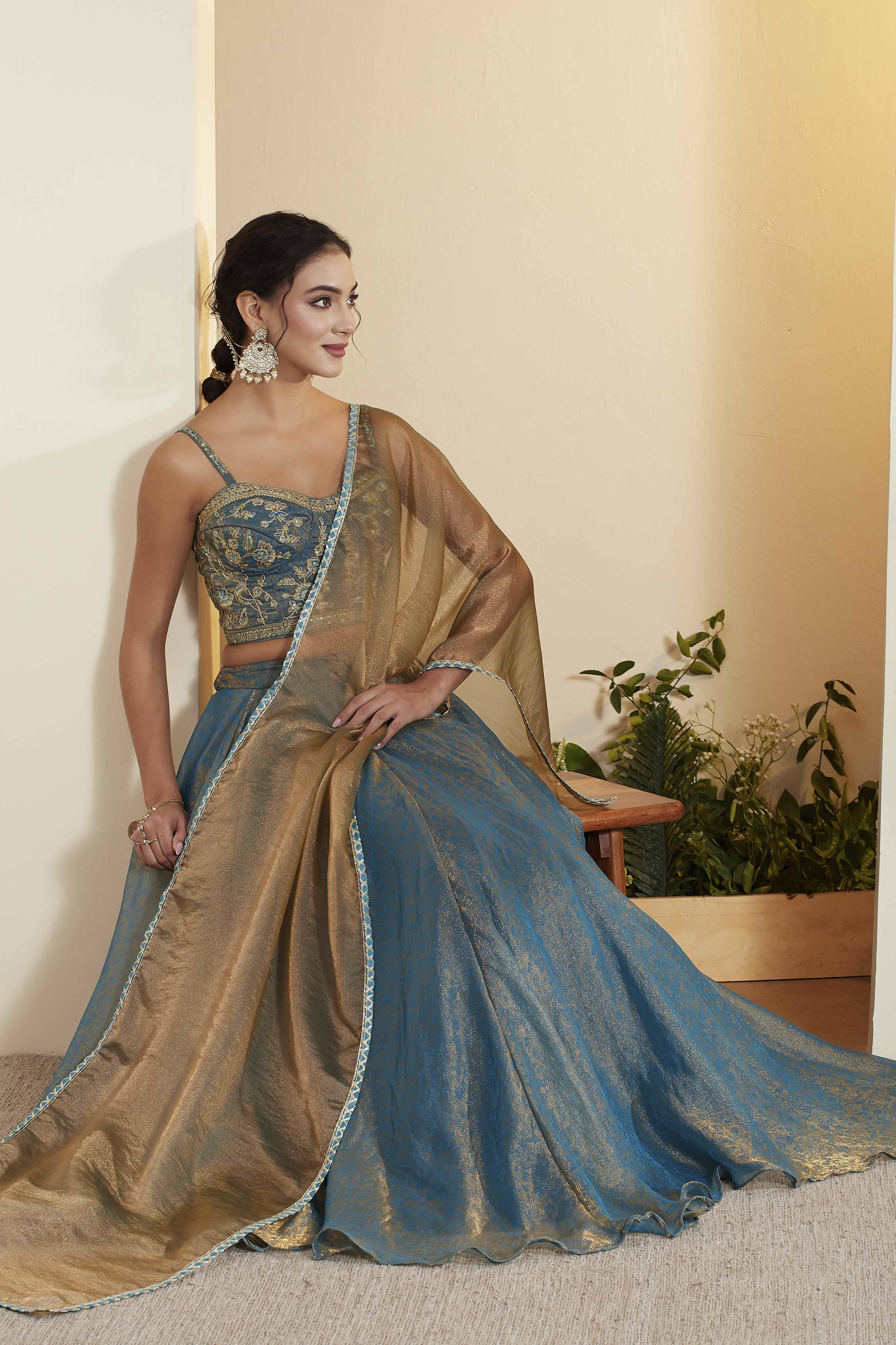 Teal Viscose Blend Kalidar Lehenga Set image number 0