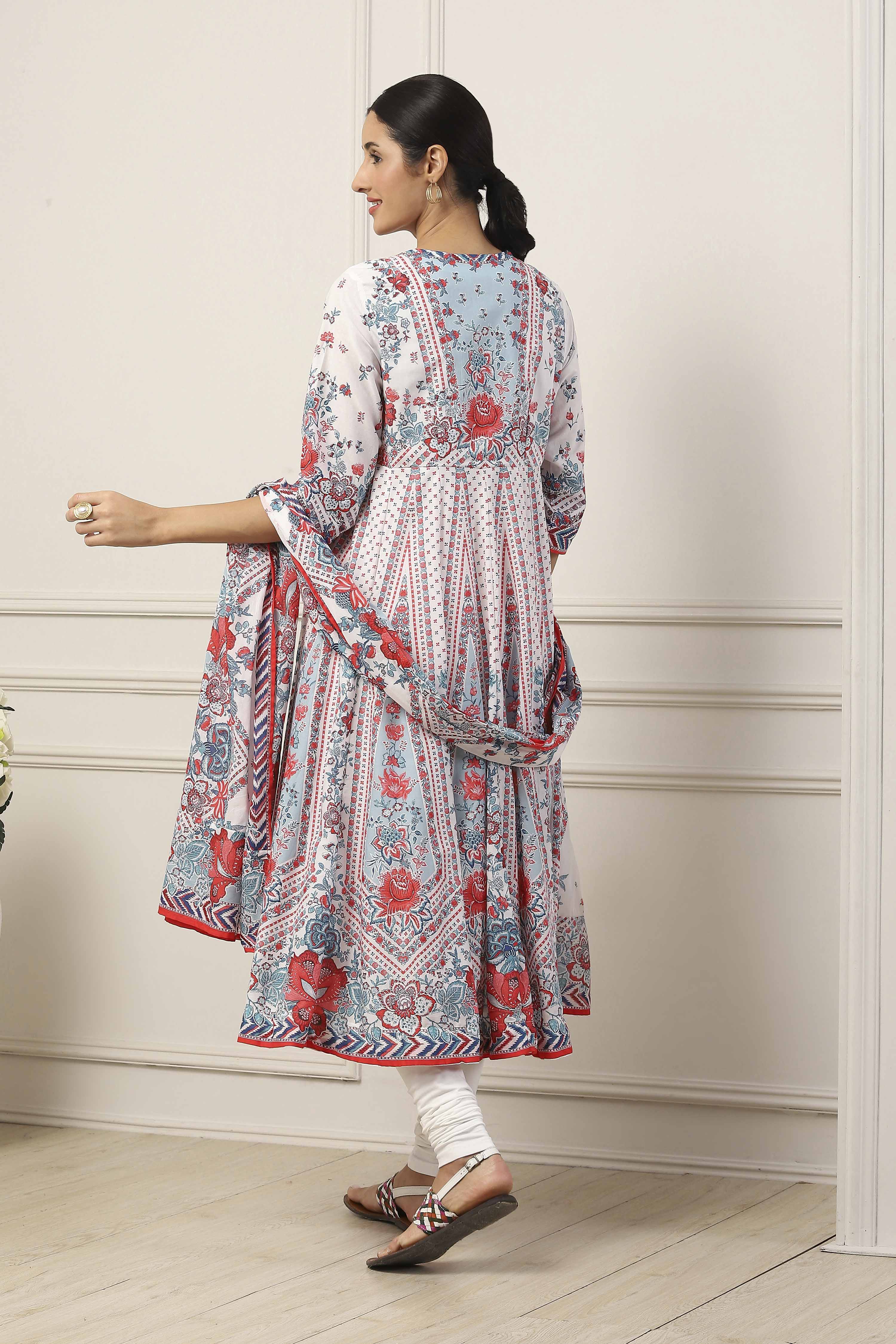 White Cotton Floral Printed Kalidar Suit Set image number 4