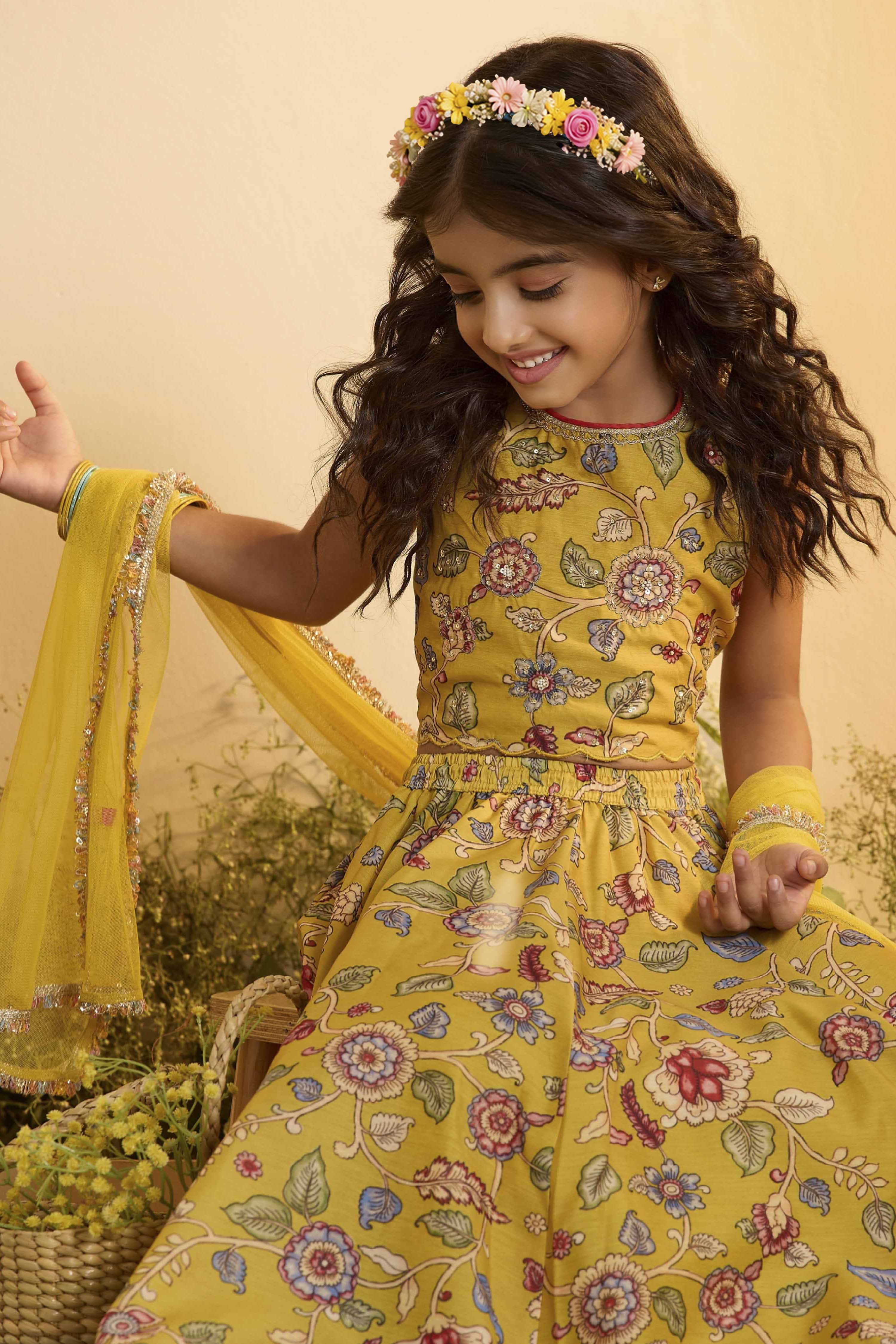 Mustard Yellow Floral Flared Lehenga Set image number 1