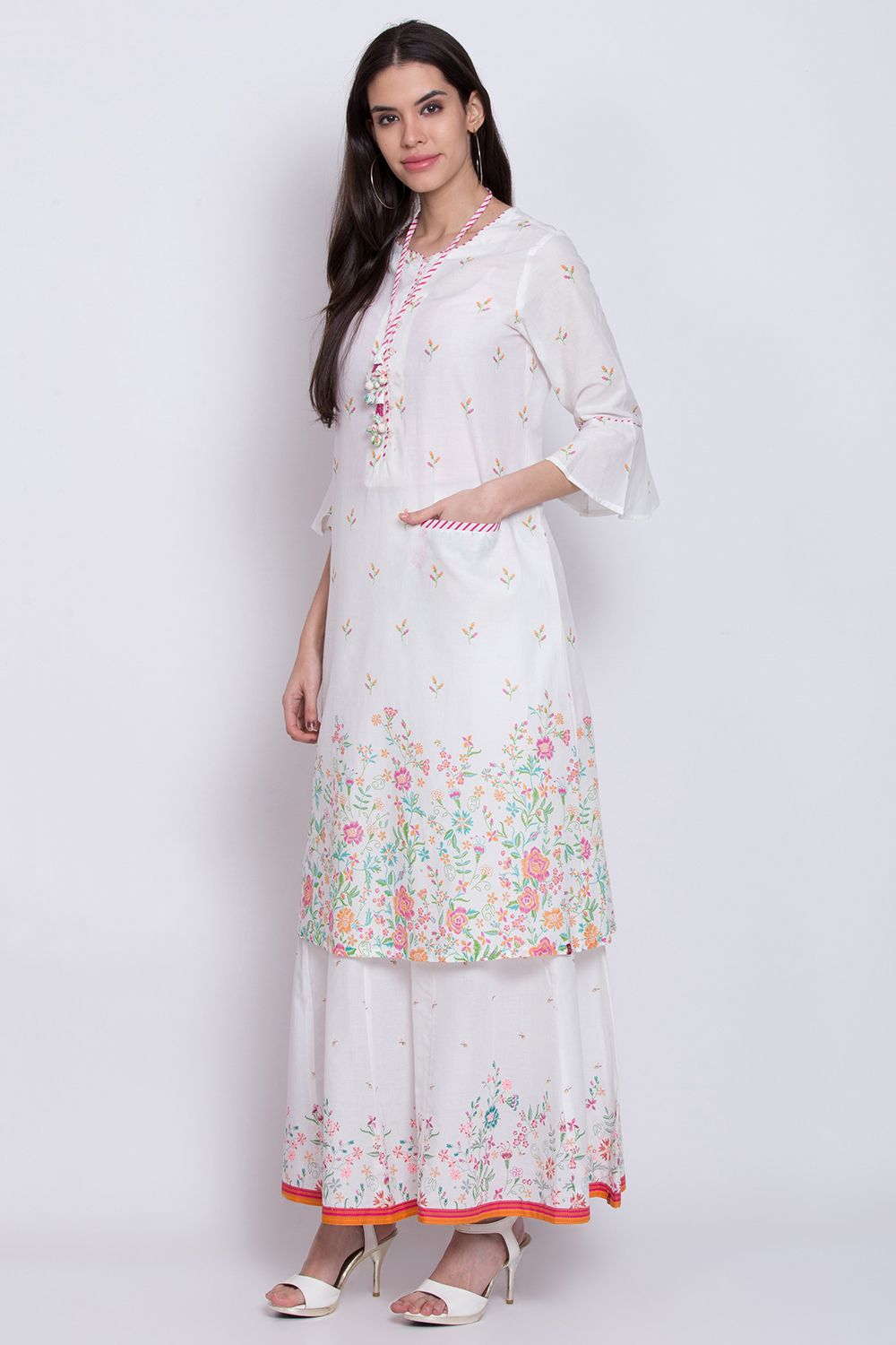 White Cotton A-Line Printed Kurta image number 2