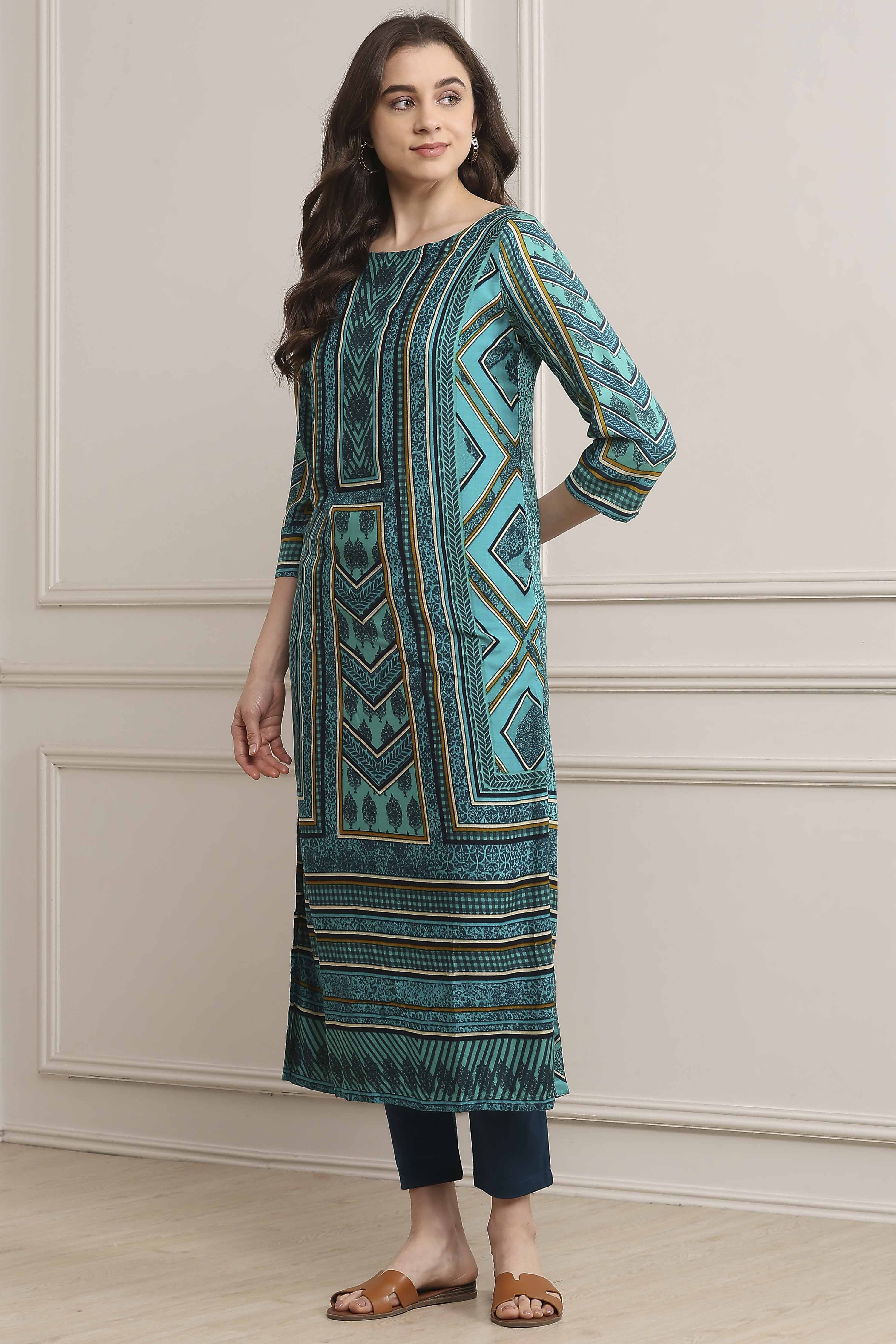 Turquoise LIVA Straight Printed Kurta image number 2