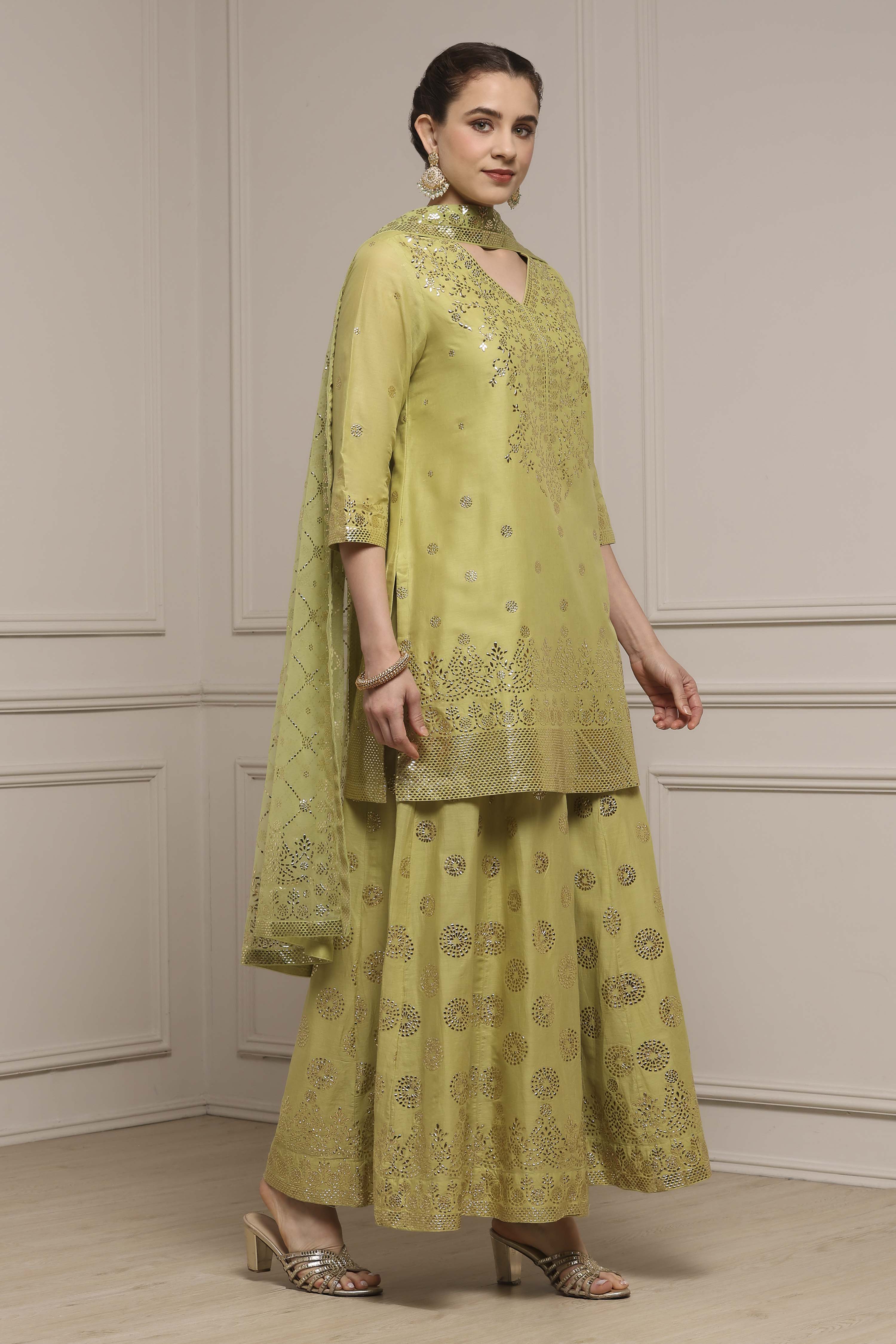 Green Cotton Printed Sharara Suit Set image number 5