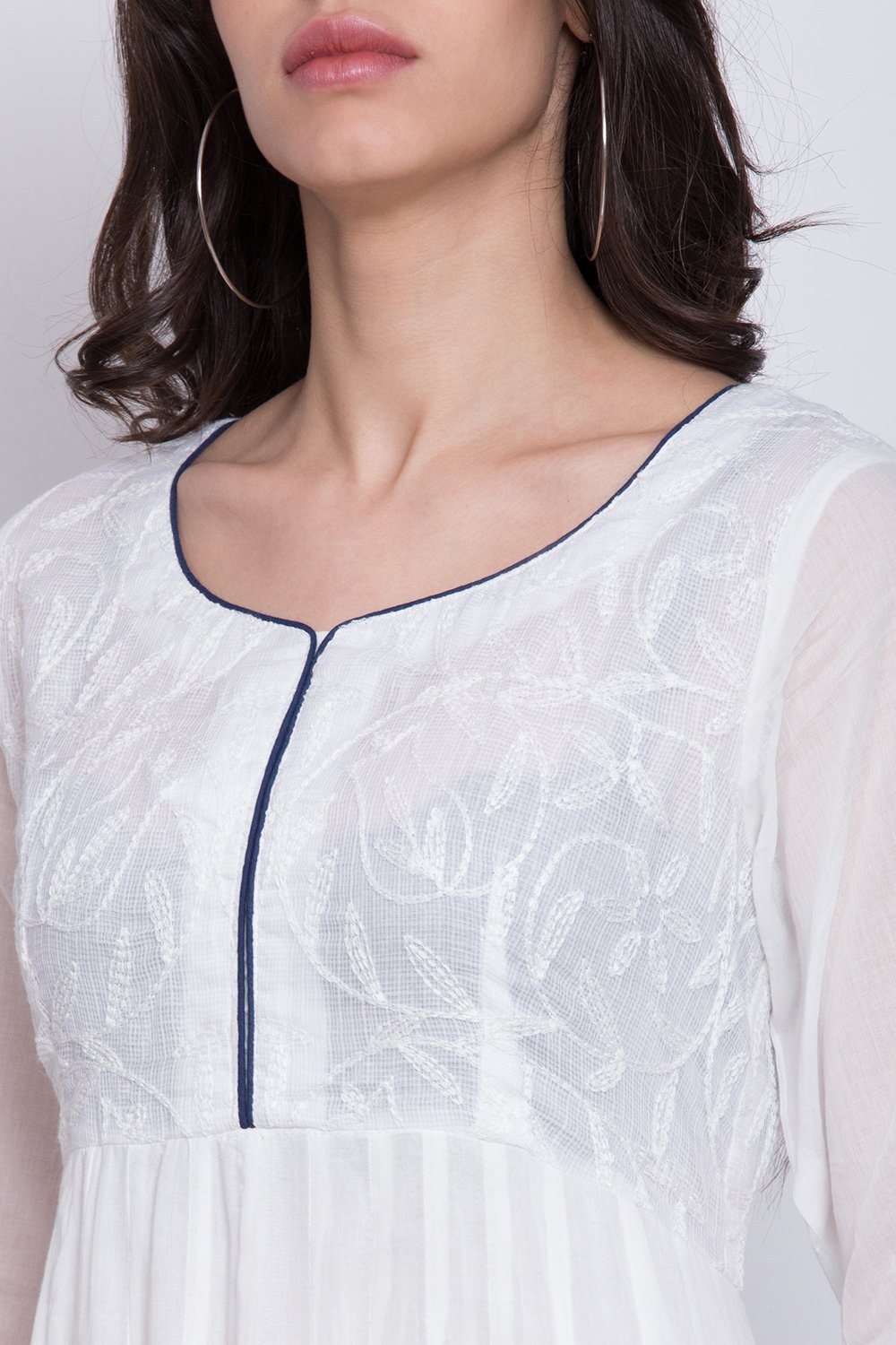 White And Blue Cotton Anarkali Kurta Churidar Suit Set image number 1