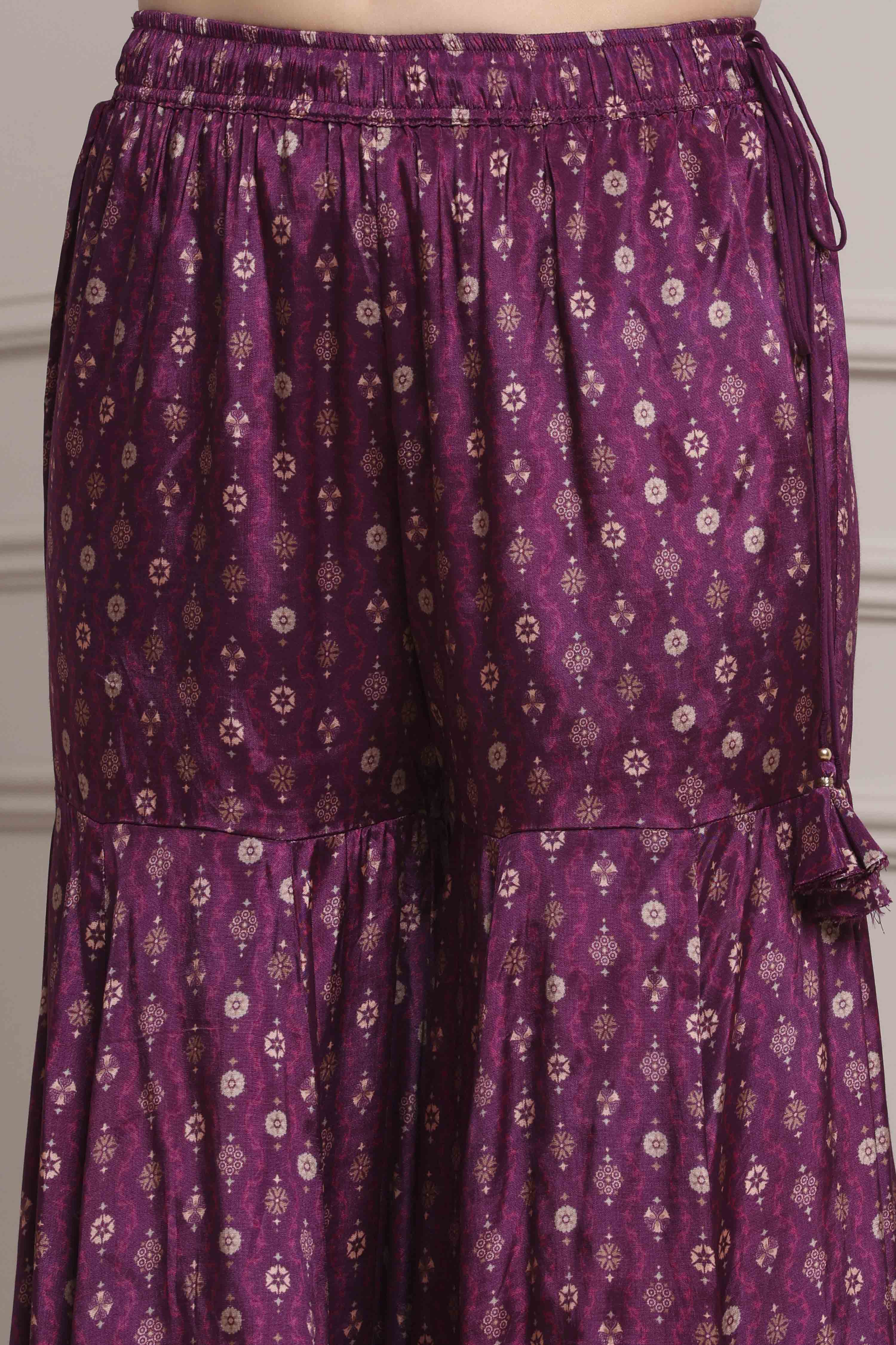 Purple Viscose Rayon Printed Peplum Fusion Set image number 2