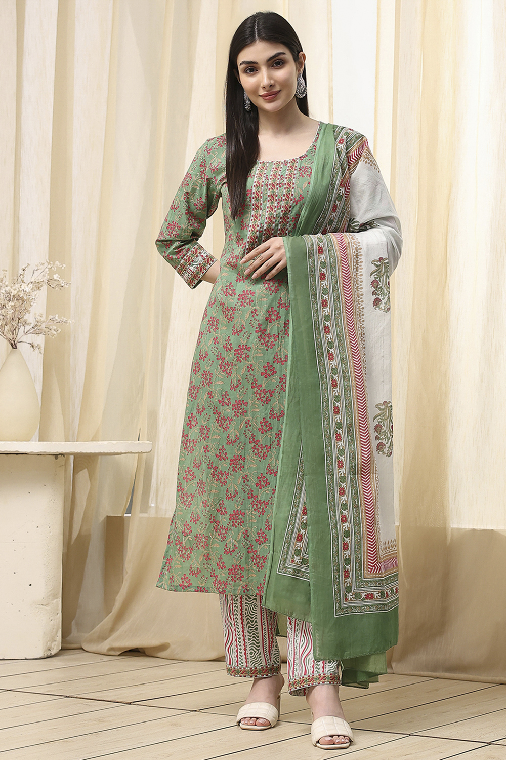 Royal Blue Cotton Screen Print Unstitched Suit Set image number 1