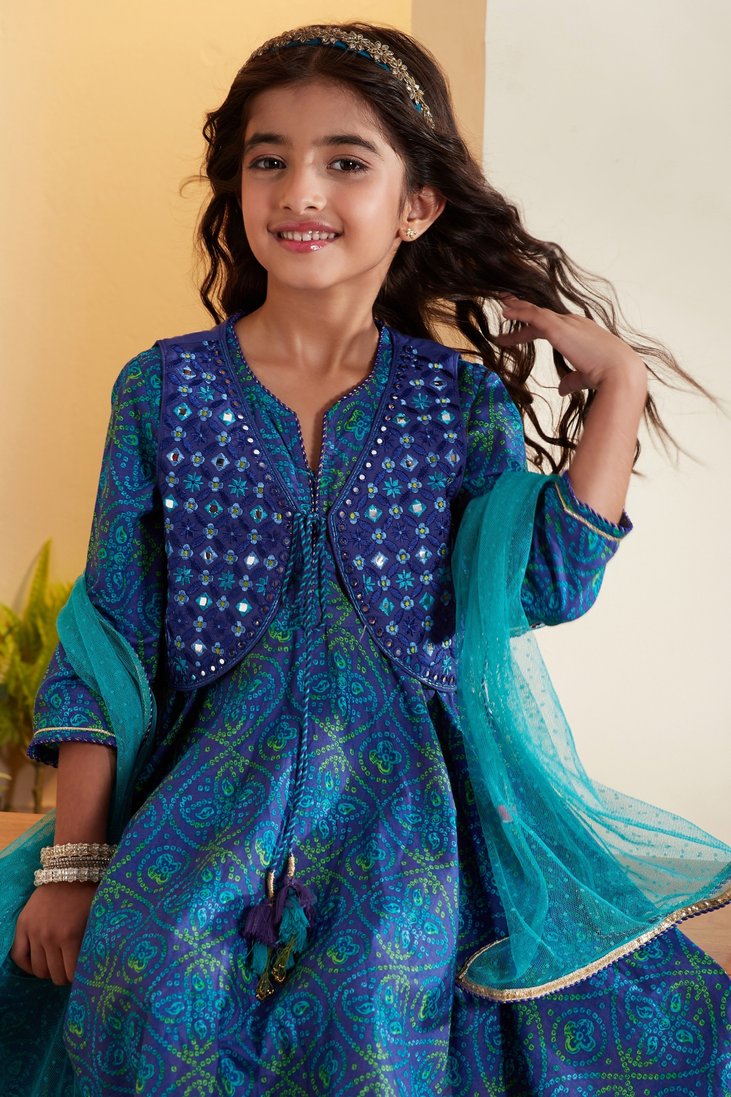 Green & Blue Cotton Printed Anarkali Kurta Set image number 1